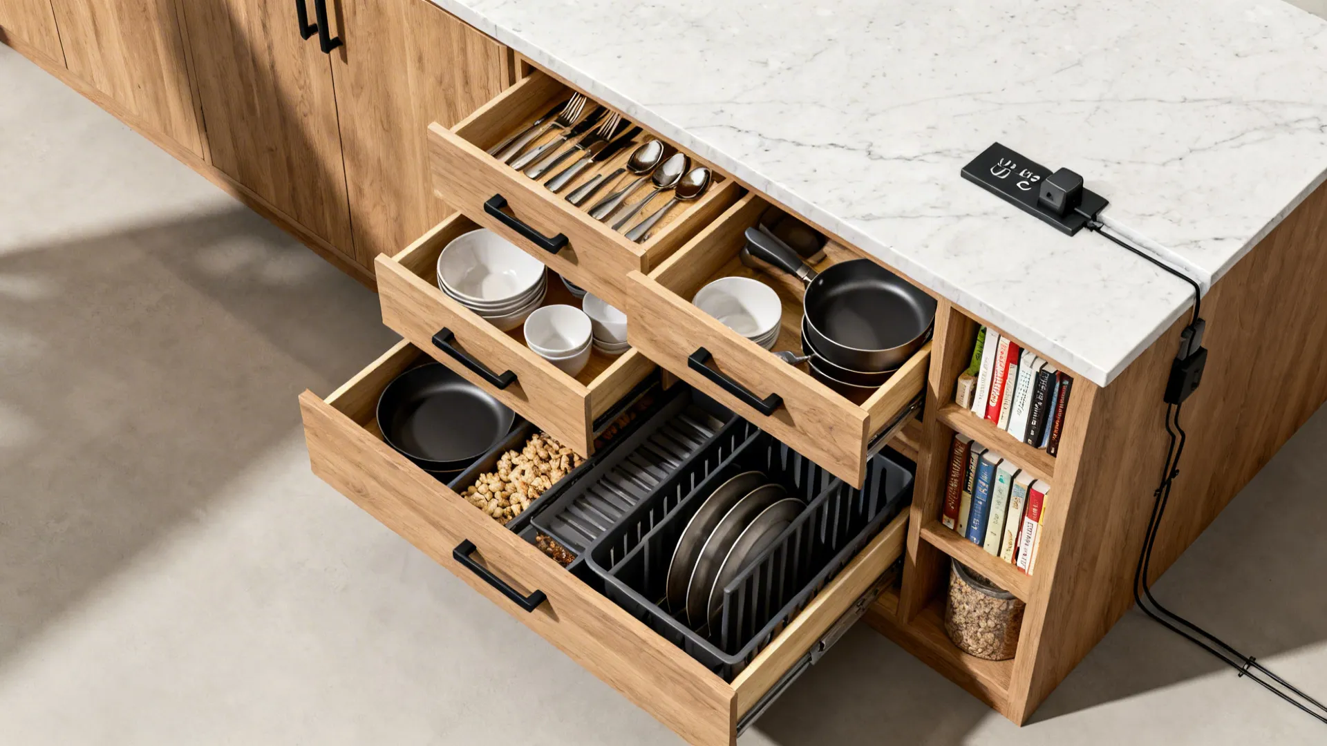 Top-down view mapping drawers, cubbies, dividers, toe-kick storage, and pop-up power in an island.