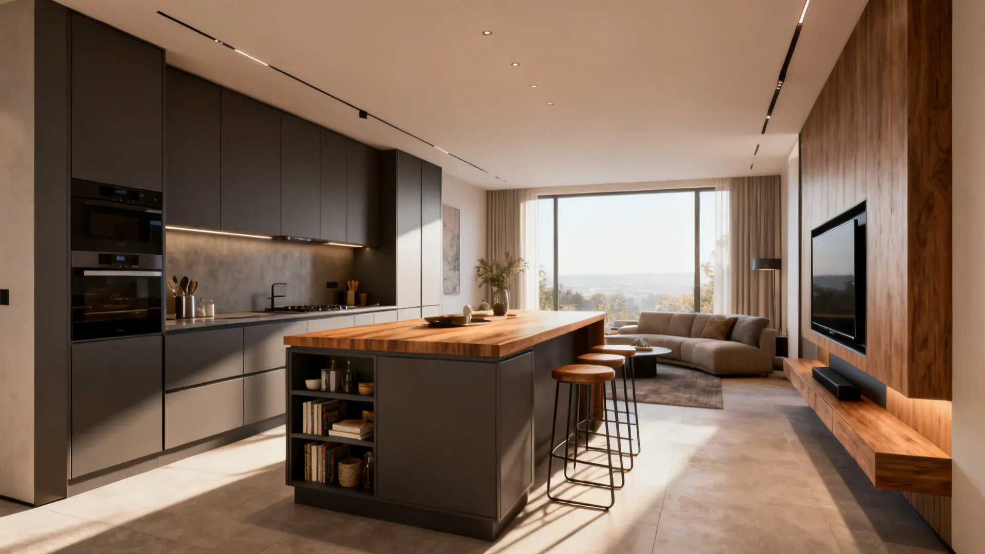 Kitchen island with storage facing the living room, serving as furniture divider and seating