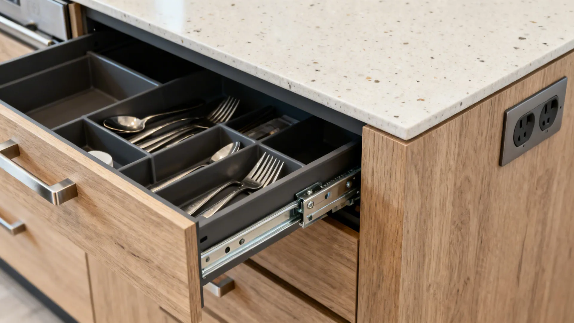Open wooden kitchen drawer showing a grey organizer tray filled with silver forks and spoons