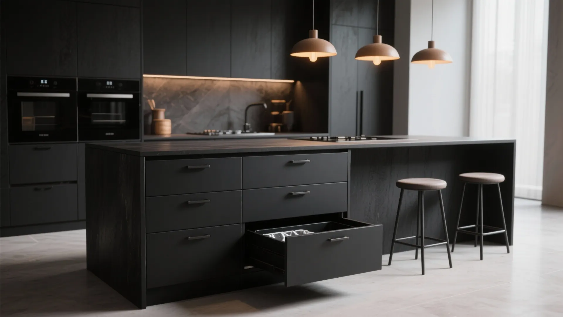 4. Black Island with Hidden Storage and Seating