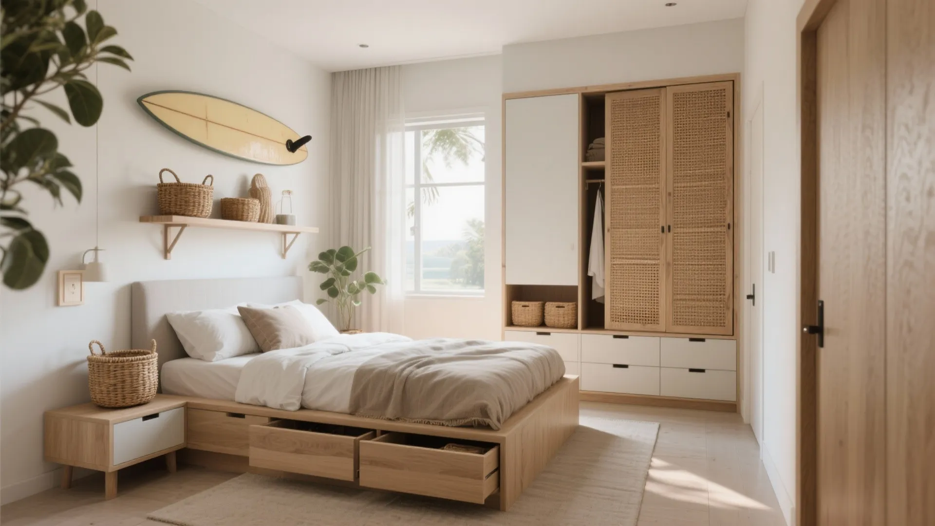 Compact bedroom with multifunctional storage: under-bed drawers, surfboard-shaped shelf, woven baskets and sliding doors.