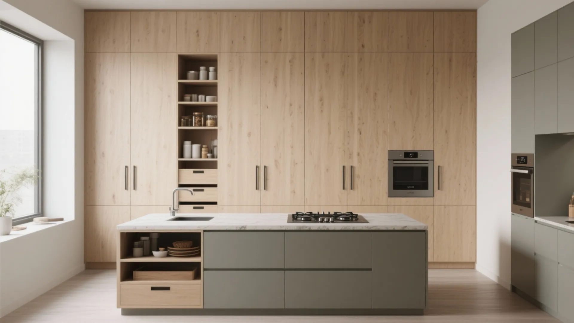 5. Multi-function island with cooktop and storage wall
