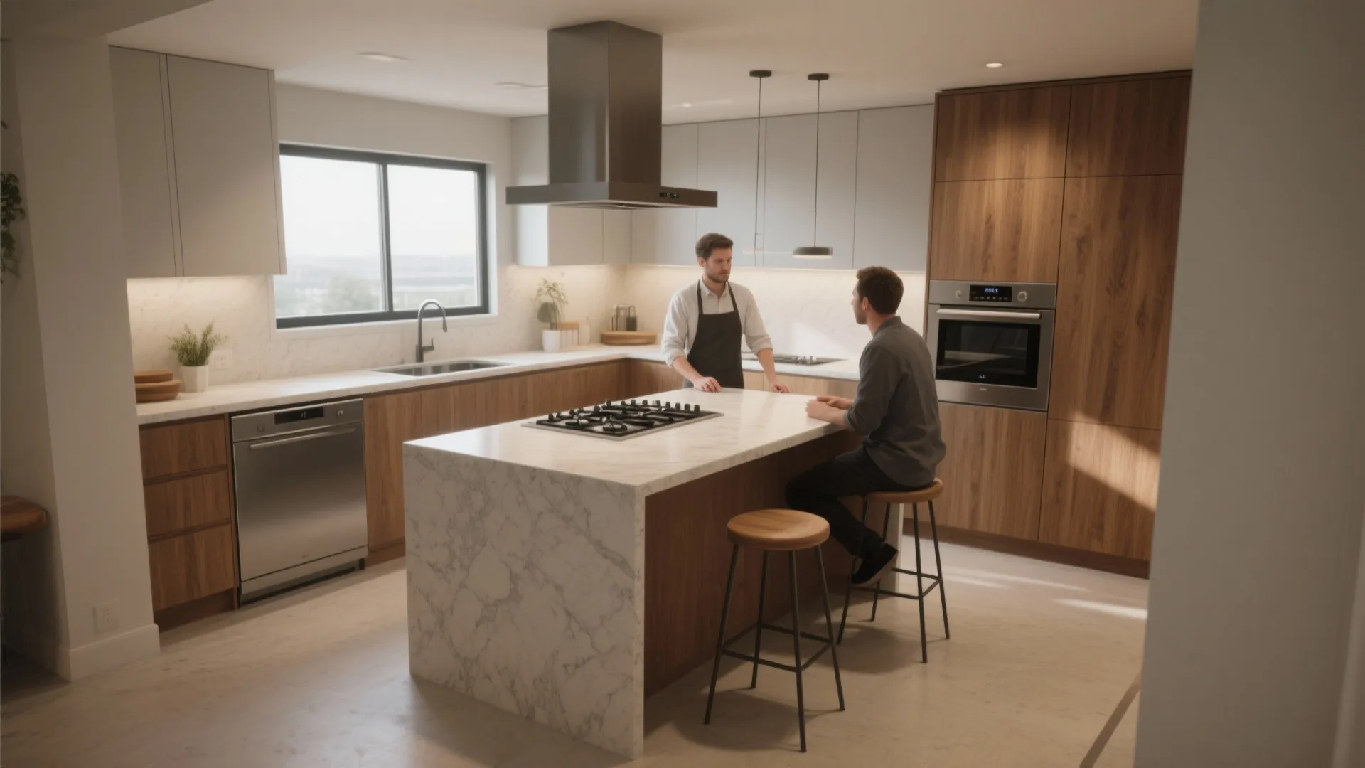 Two men talking in a kitchen with wood cabinets marble island bar stools and oven