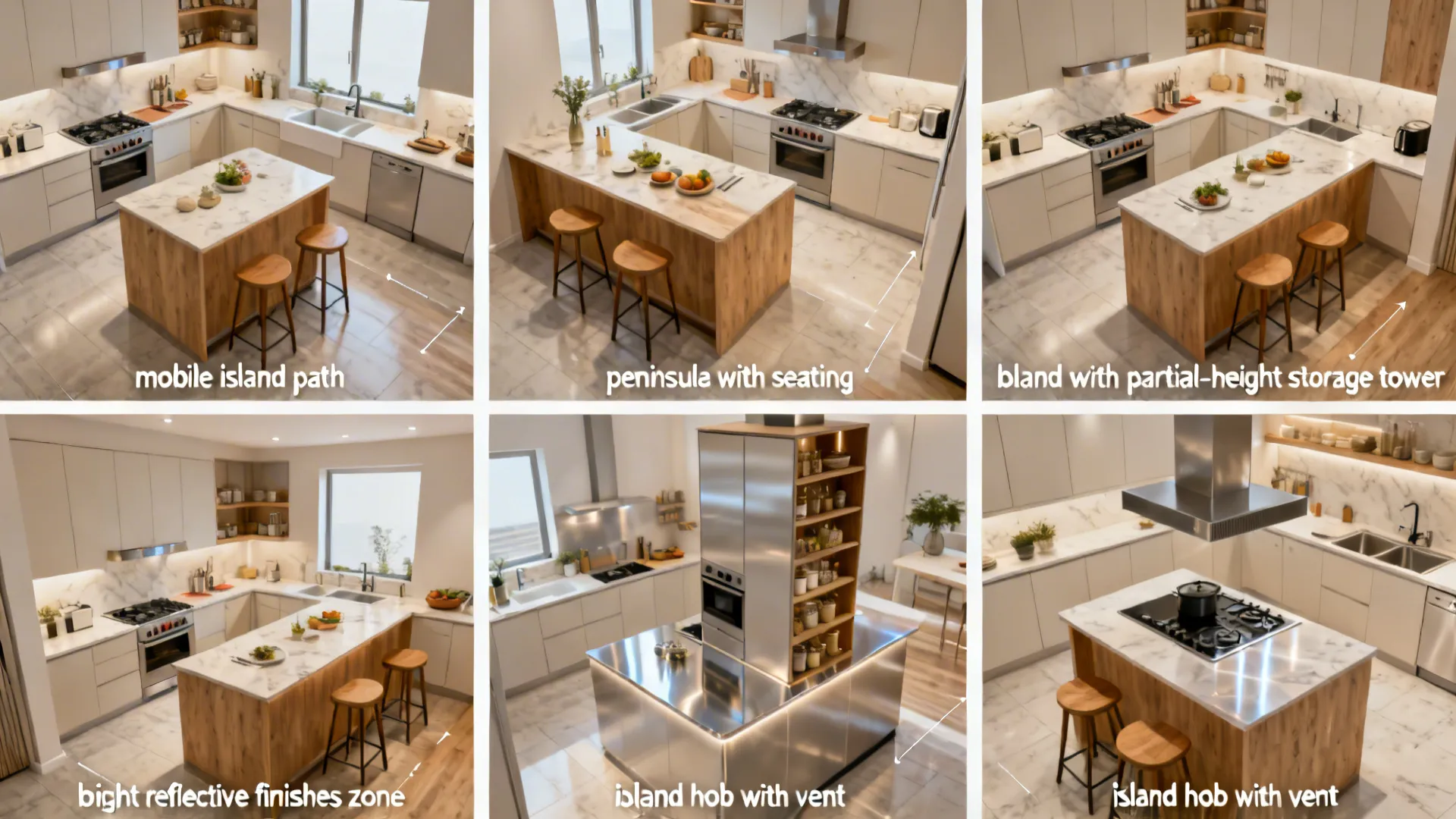 Top-down comparison of five compact island kitchen strategies with clear circulation.