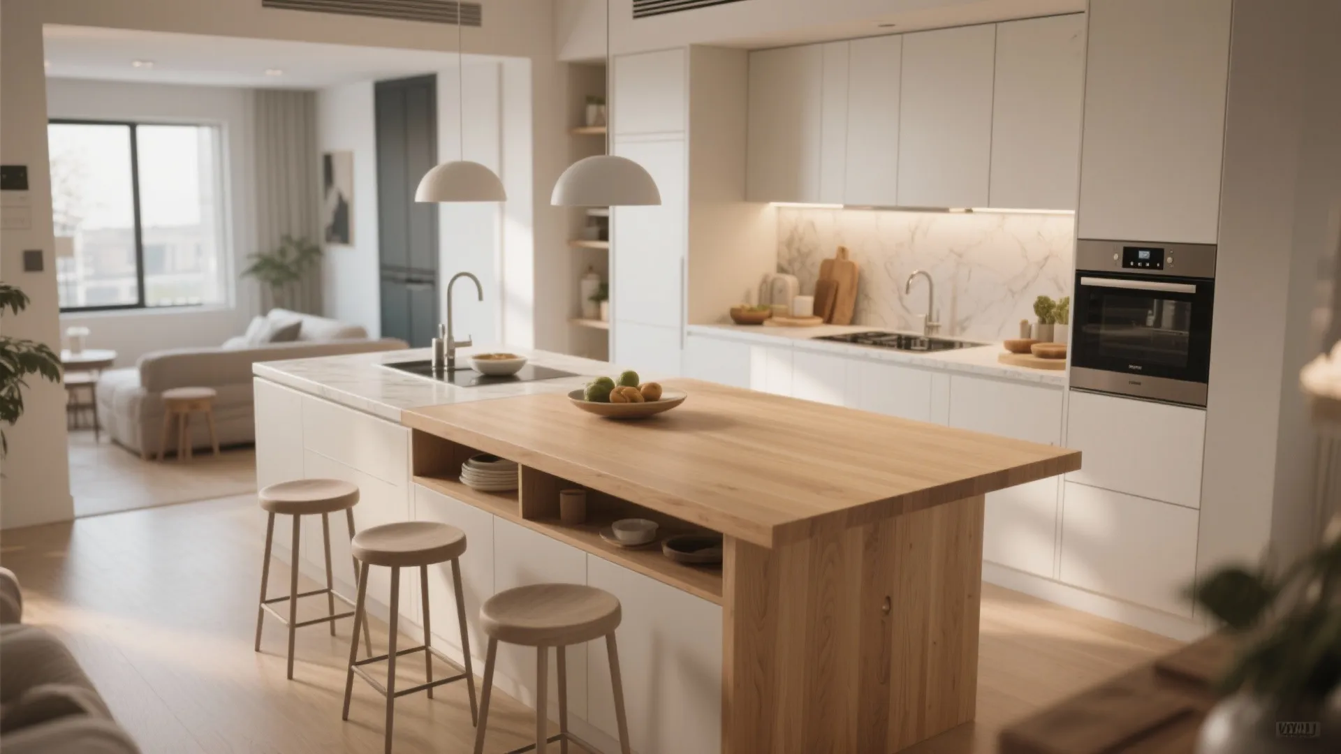 Integrated island-style rectangular table extending from the counter, used for prep and dining in a small kitchen.