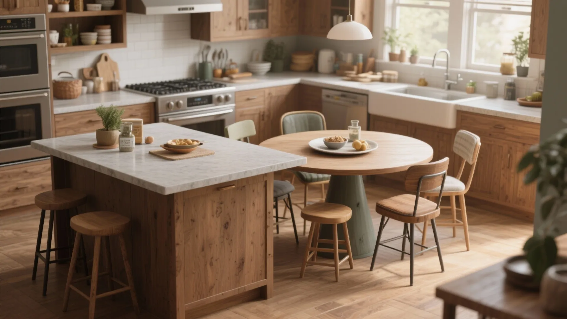 Rustic wooden kitchen with marble island and round dining table surrounded by multiple chairs and stools