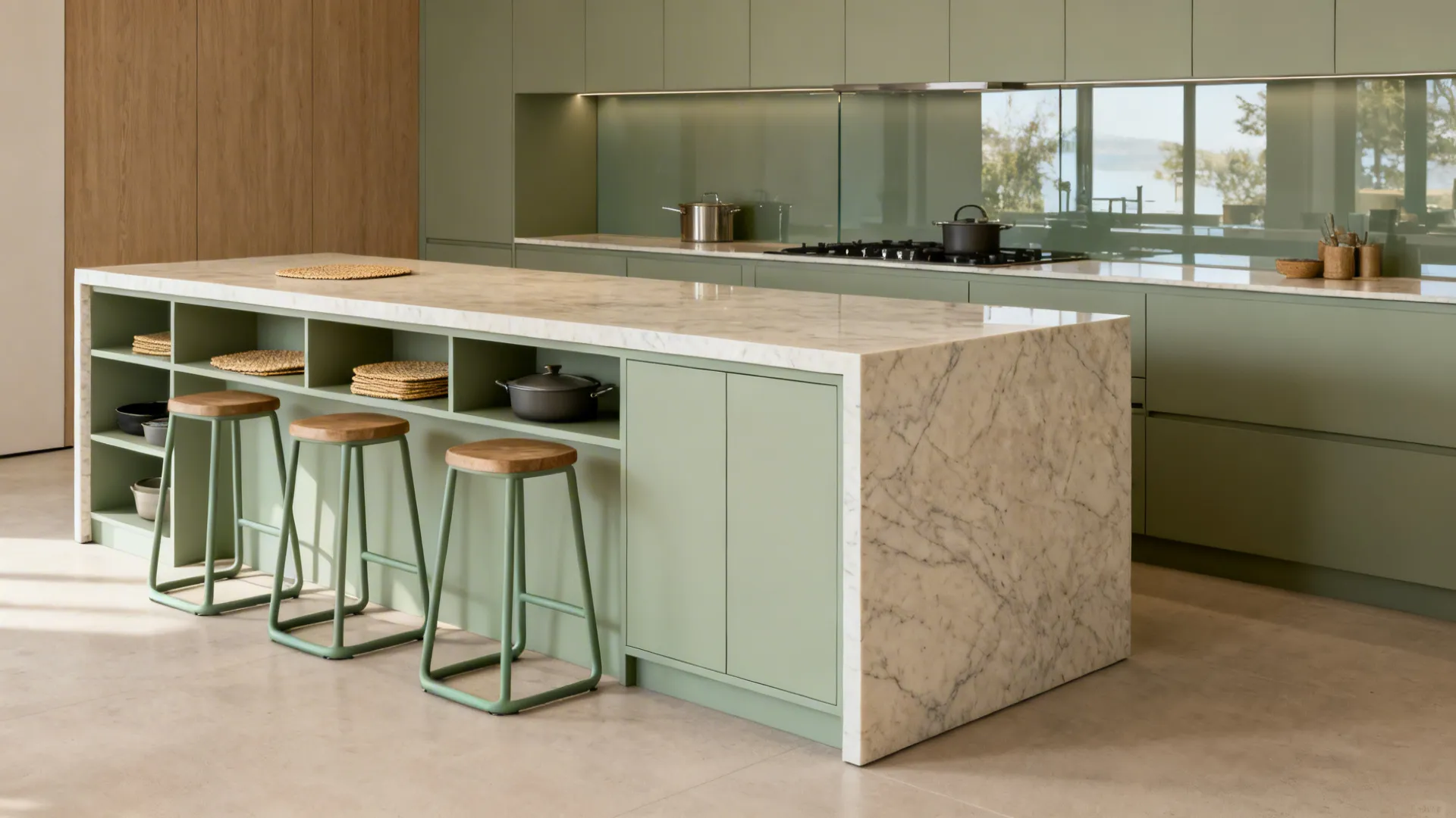 Compact kitchen with a counter-height island-table in quartz and hidden stools.