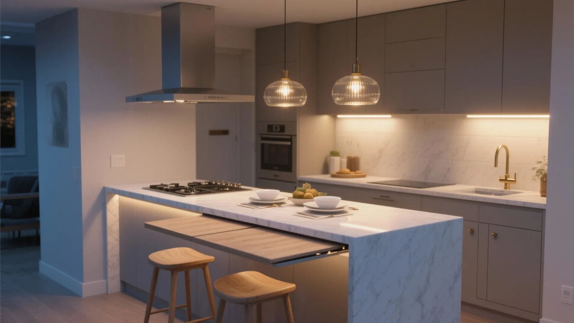 An island-table hybrid and layered lighting that adapts