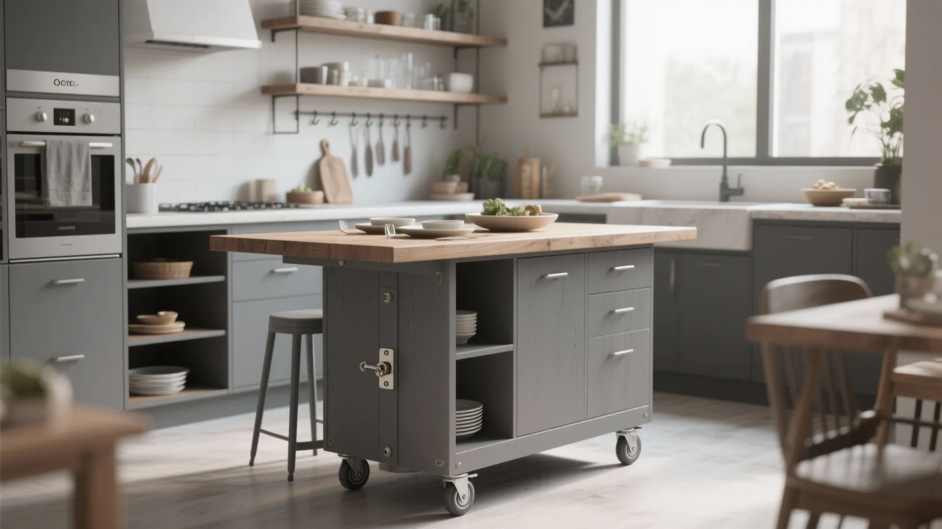 5. Multi-function island-table in grey oak finish