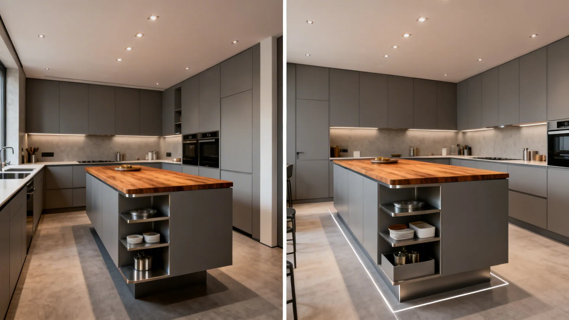 Before-and-after view switching from a cramped island to a peninsula with clear circulation.