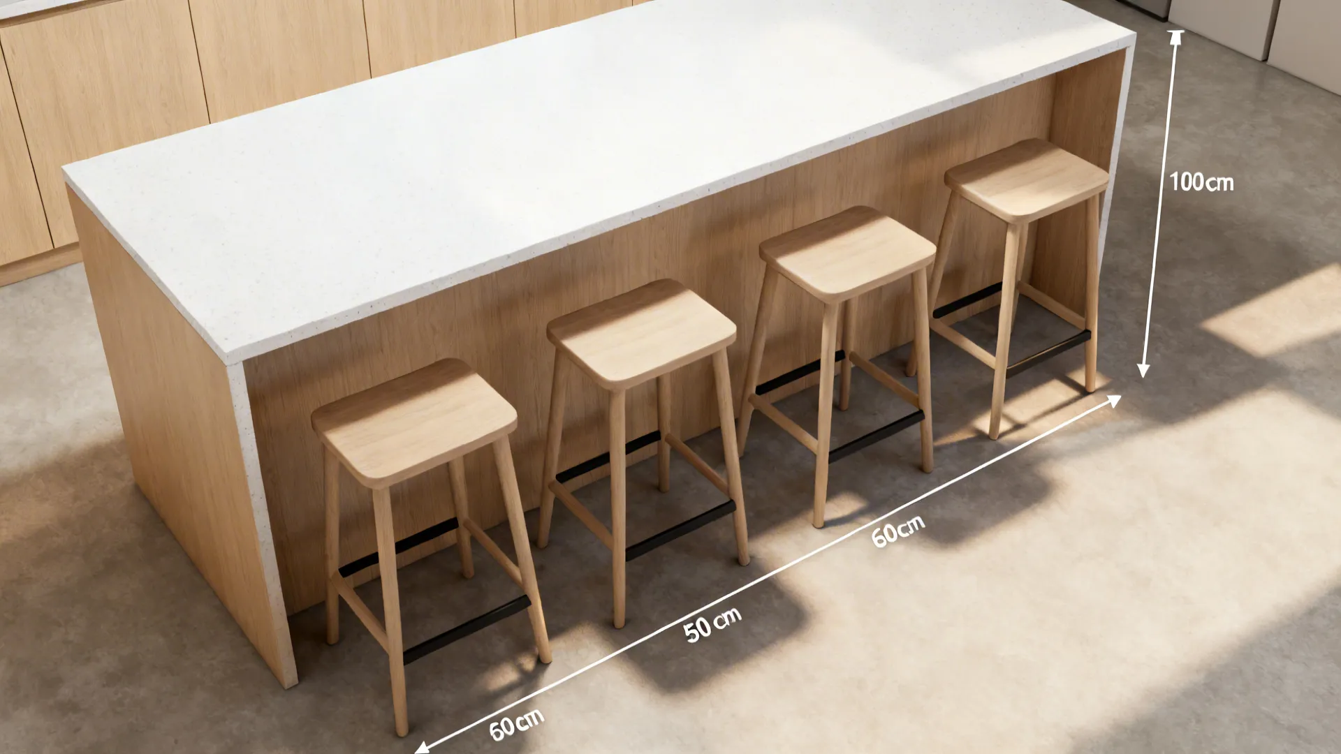 Top-down view of an island with seating clearances and generous circulation shown by spatial spacing.