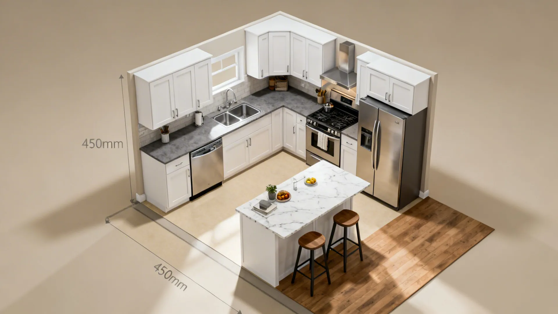 Interior design drawing showing L-shaped kitchen layout with white cabinets, island, stools, and measurement labels