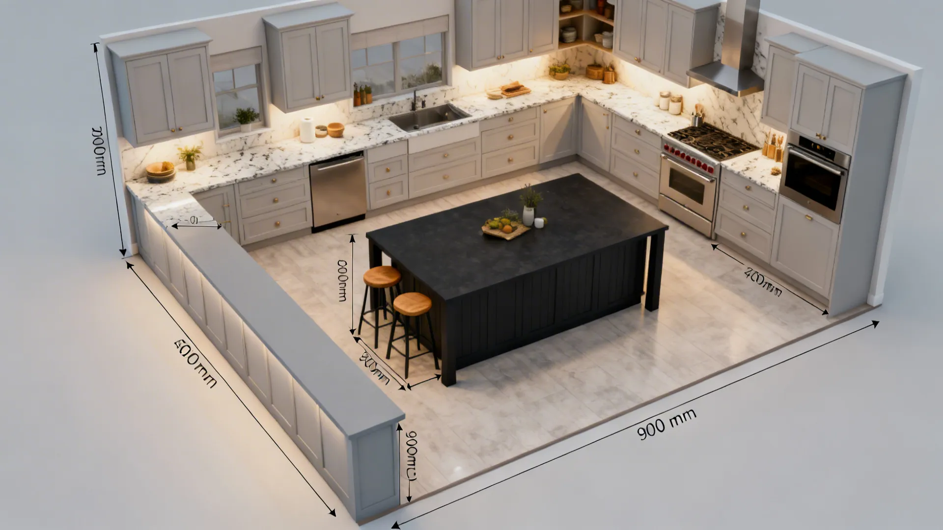 Interior design drawing of a kitchen layout with dimensions showing grey cabinets and black island