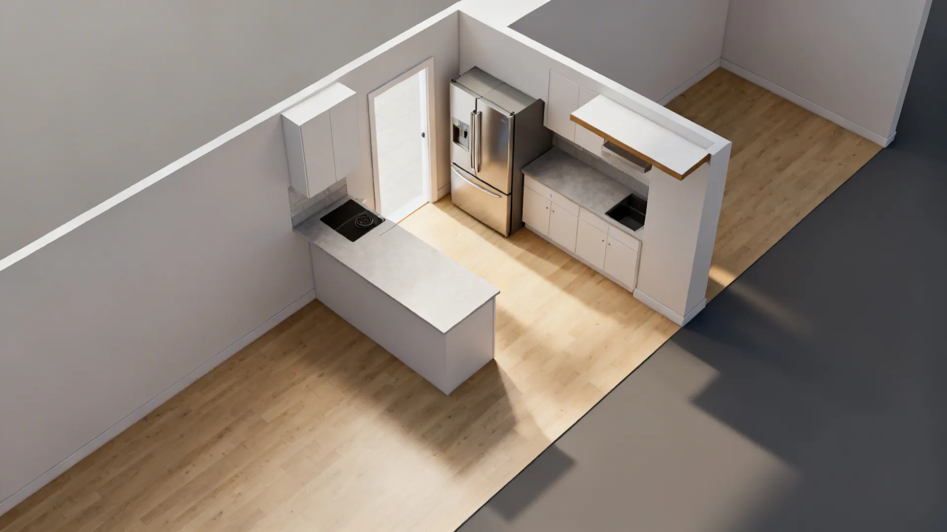 Top-down view showing a half-height island zoning the kitchen entrance and clearances.