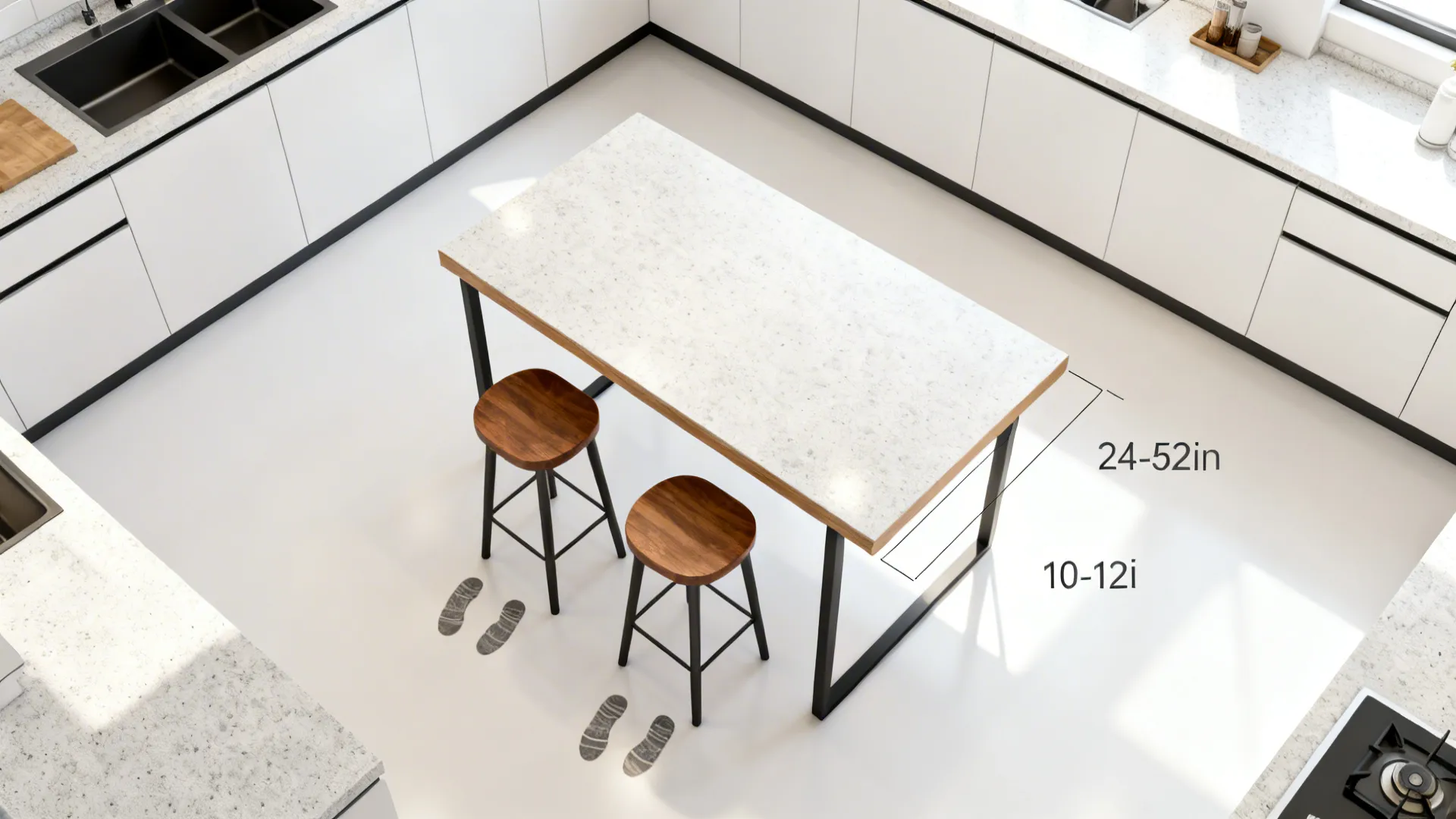 Top-down view of a counter-height island table with stools and clear 39–42 inch kitchen aisles.