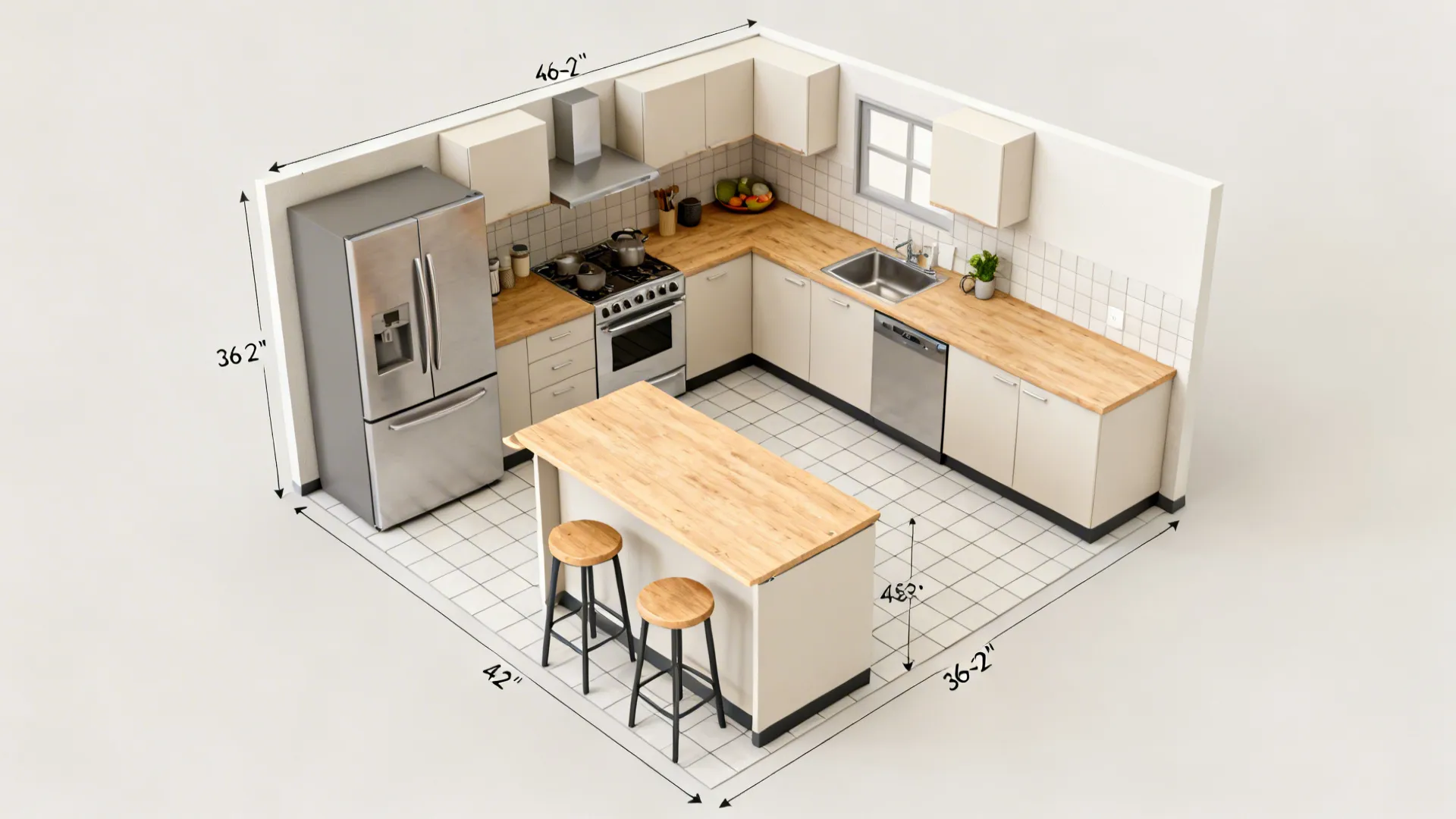 Small kitchen room layout design with white cabinets wooden countertop silver fridge and central island table