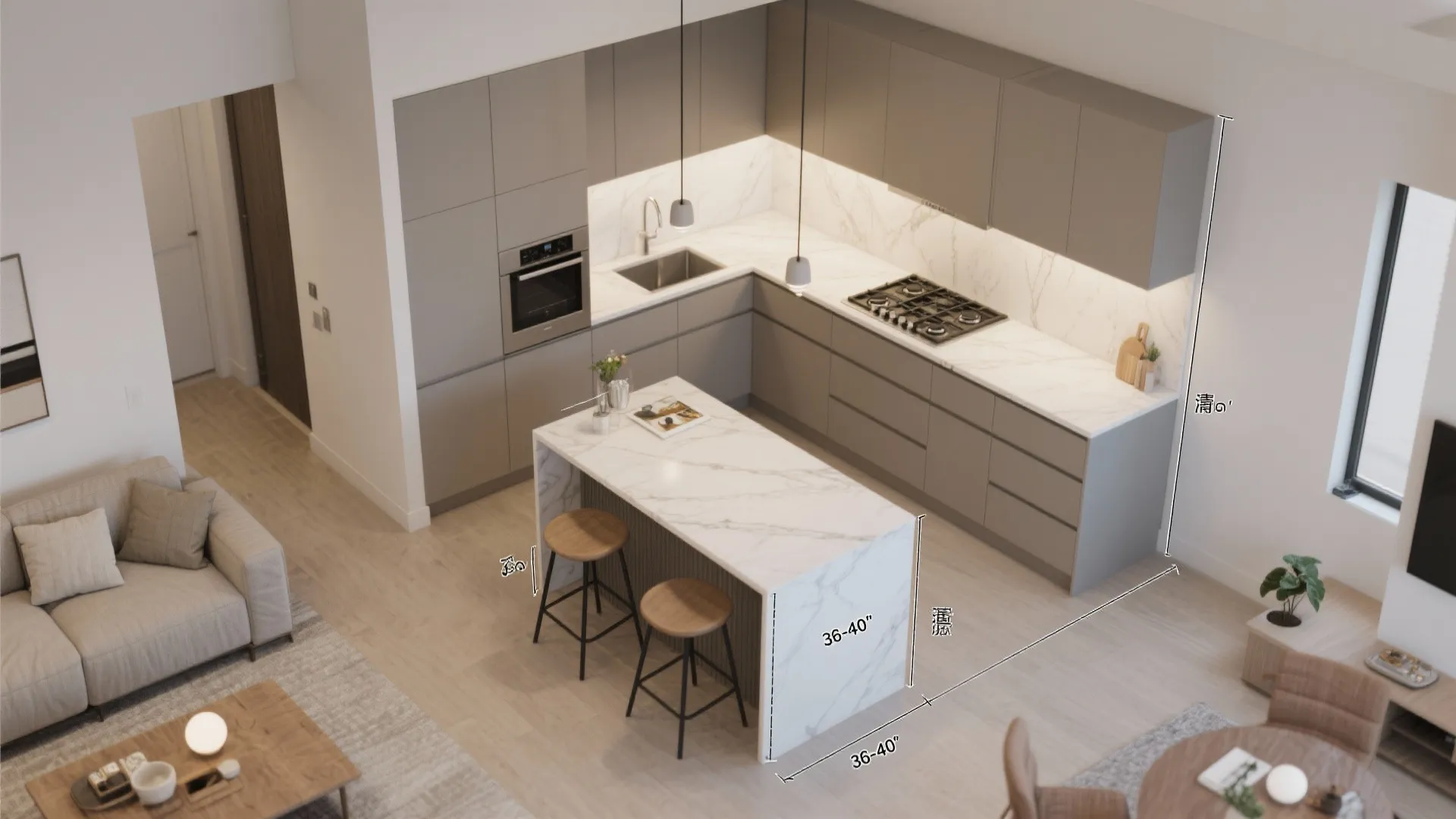 Hybrid living-dining with a conversation island