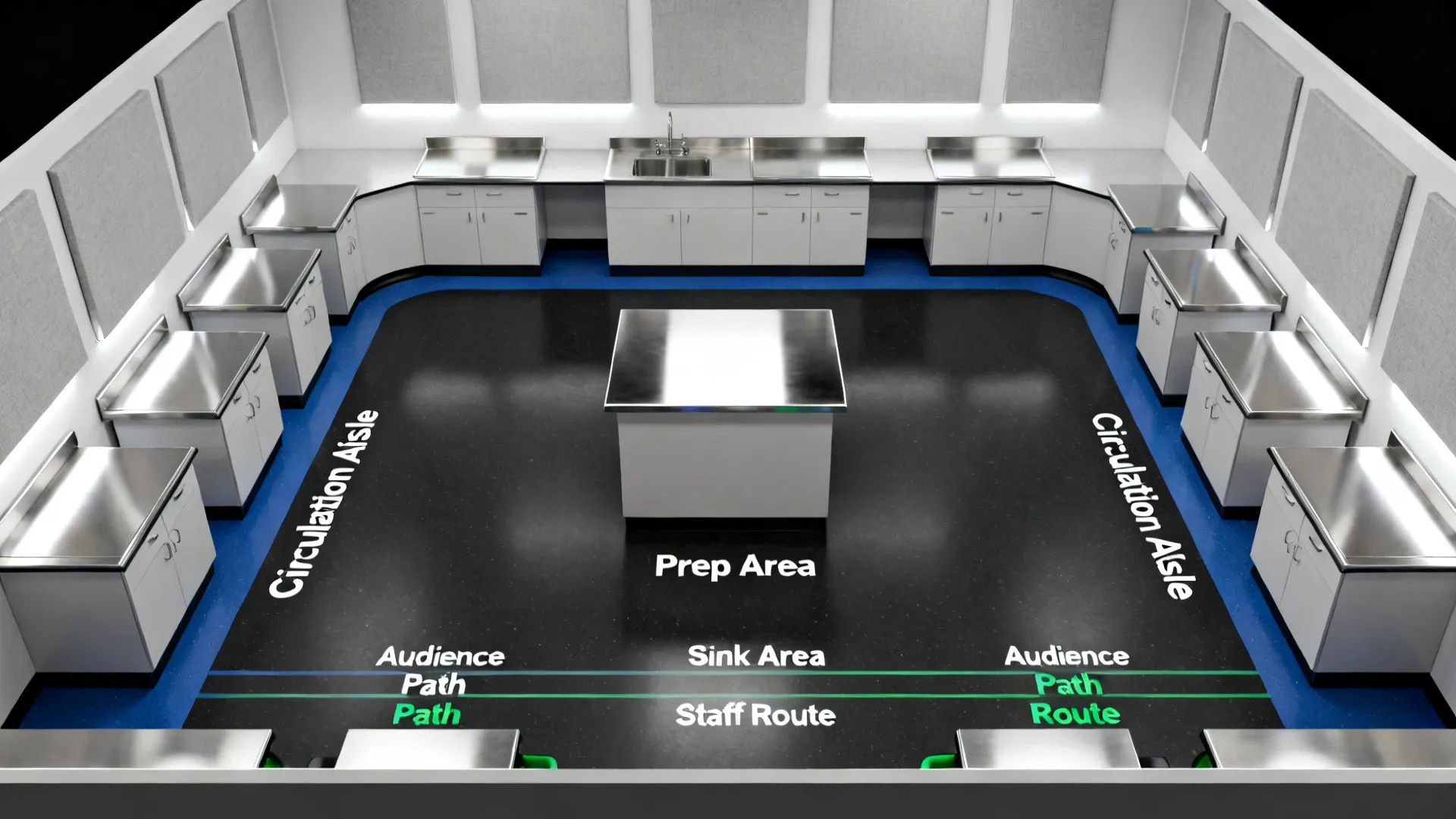 Top-down plan of a teaching kitchen with a central demo island and perimeter stations showing clear circulation.