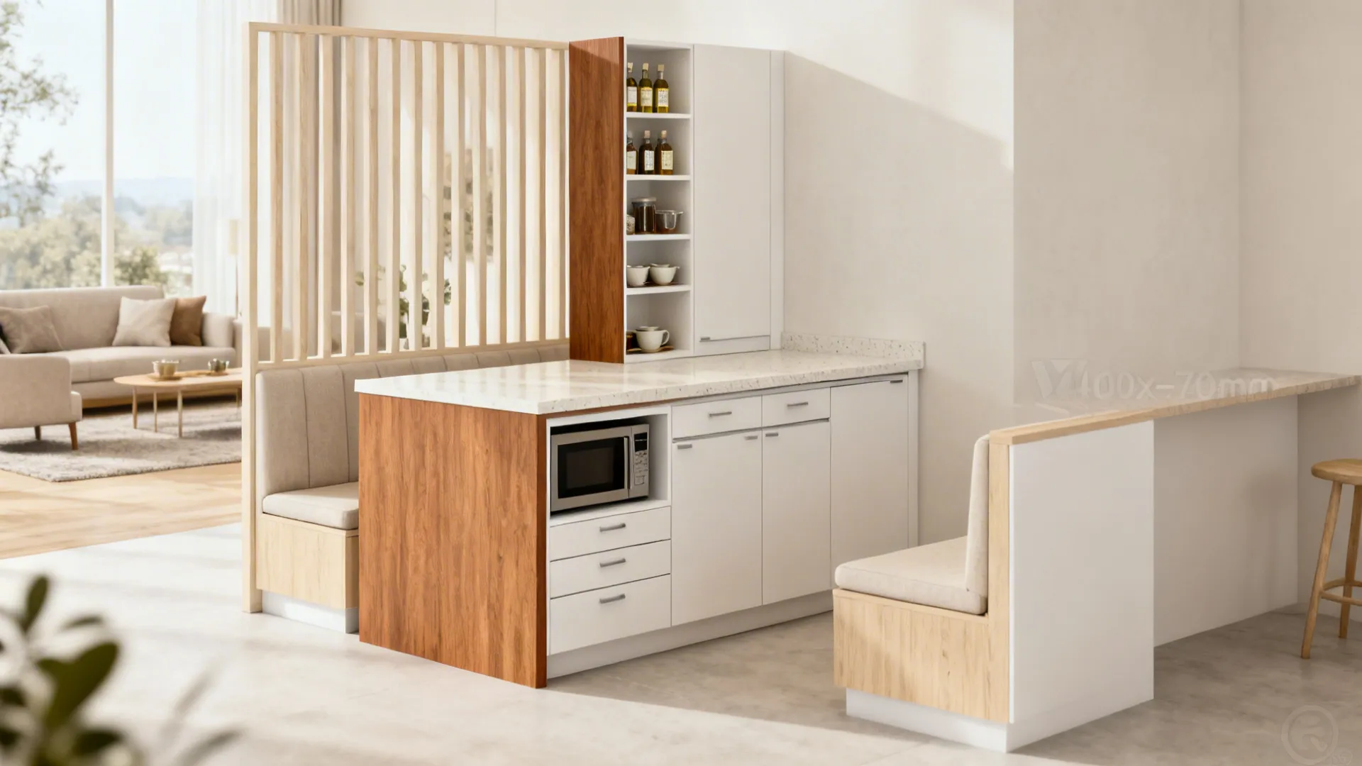 Compact island with a partial-height wood storage tower and light quartz top in a bright kitchen.