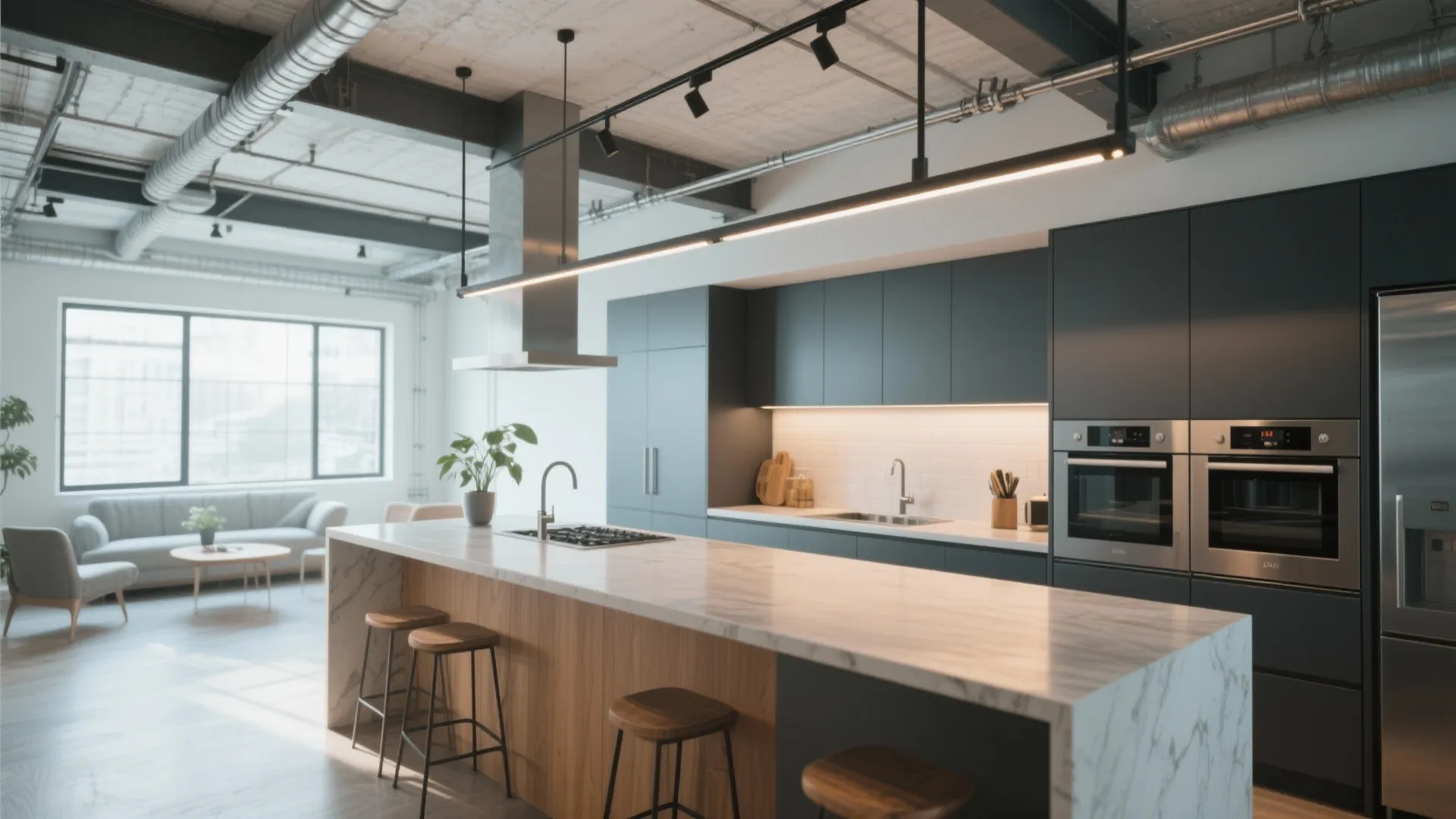 Industrial kitchen with marble island and black ceiling light track plus grey sofa in background