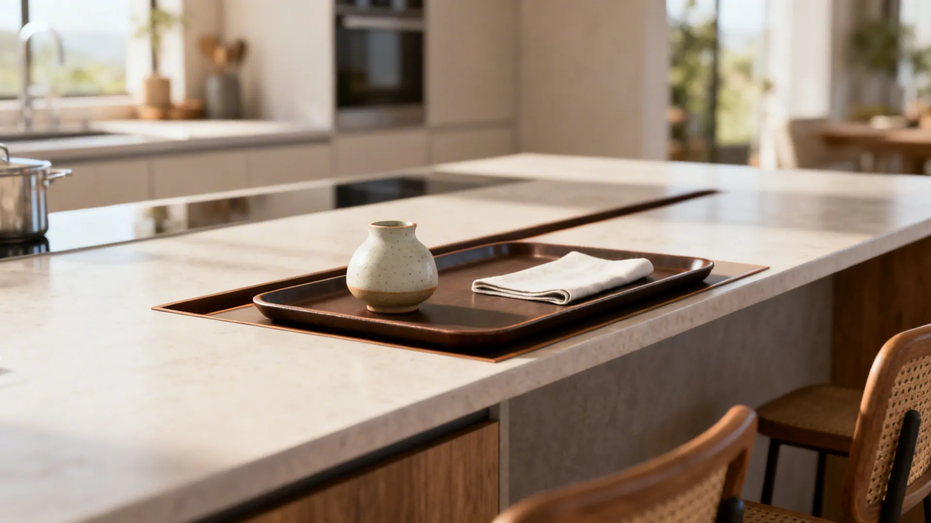 A narrow tray on a multifunctional kitchen island delineates the dining zone with a single ceramic object.
