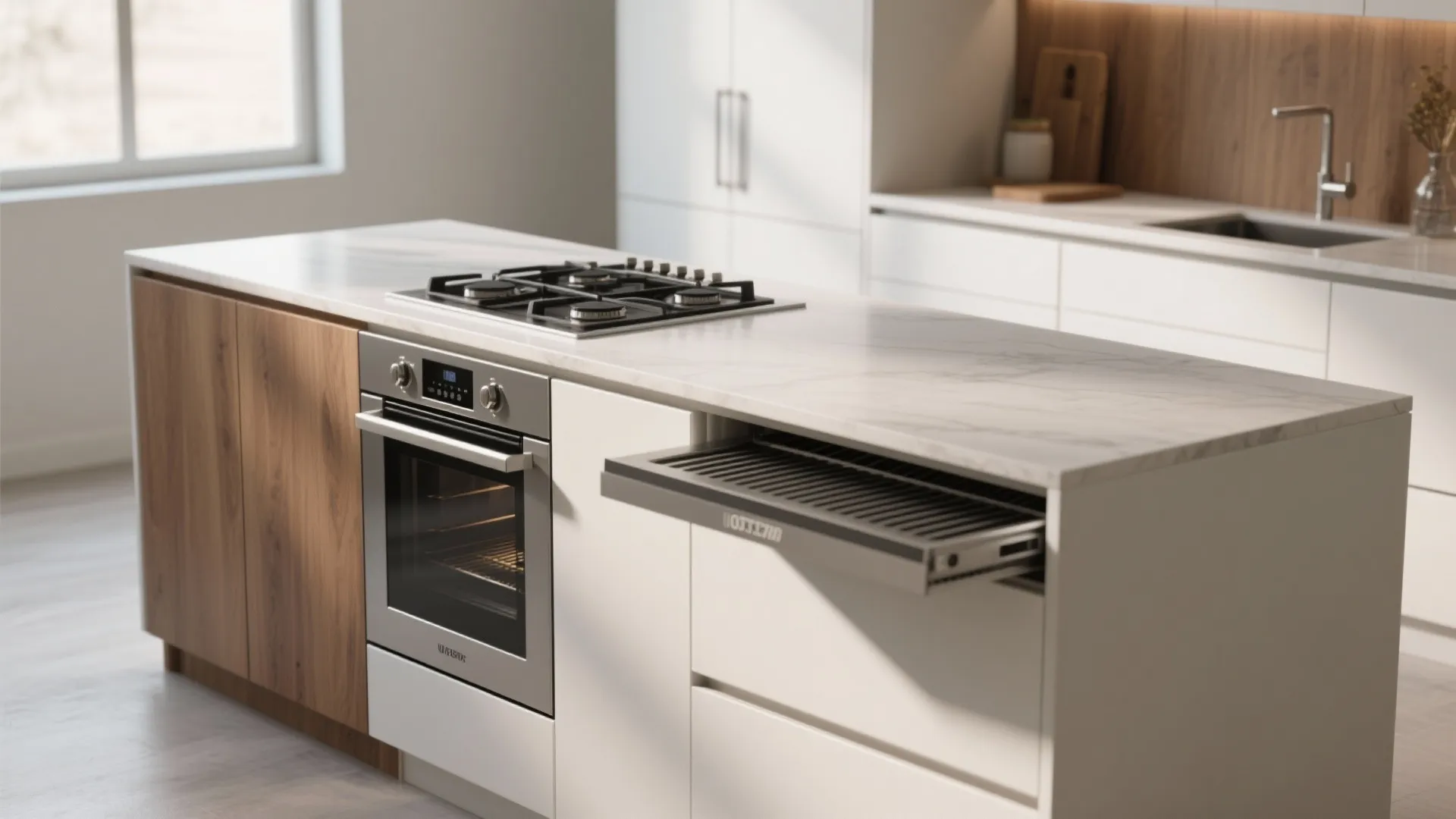 Modern kitchen island featuring built in oven and gas stove with a sliding wooden drawer