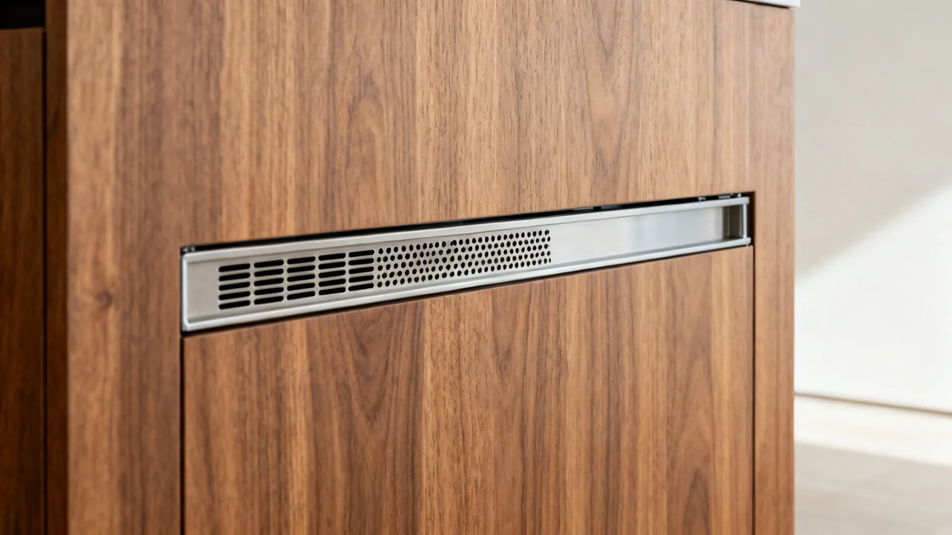 Macro of a beverage fridge ventilation grille integrated into an oak-veneered island panel.