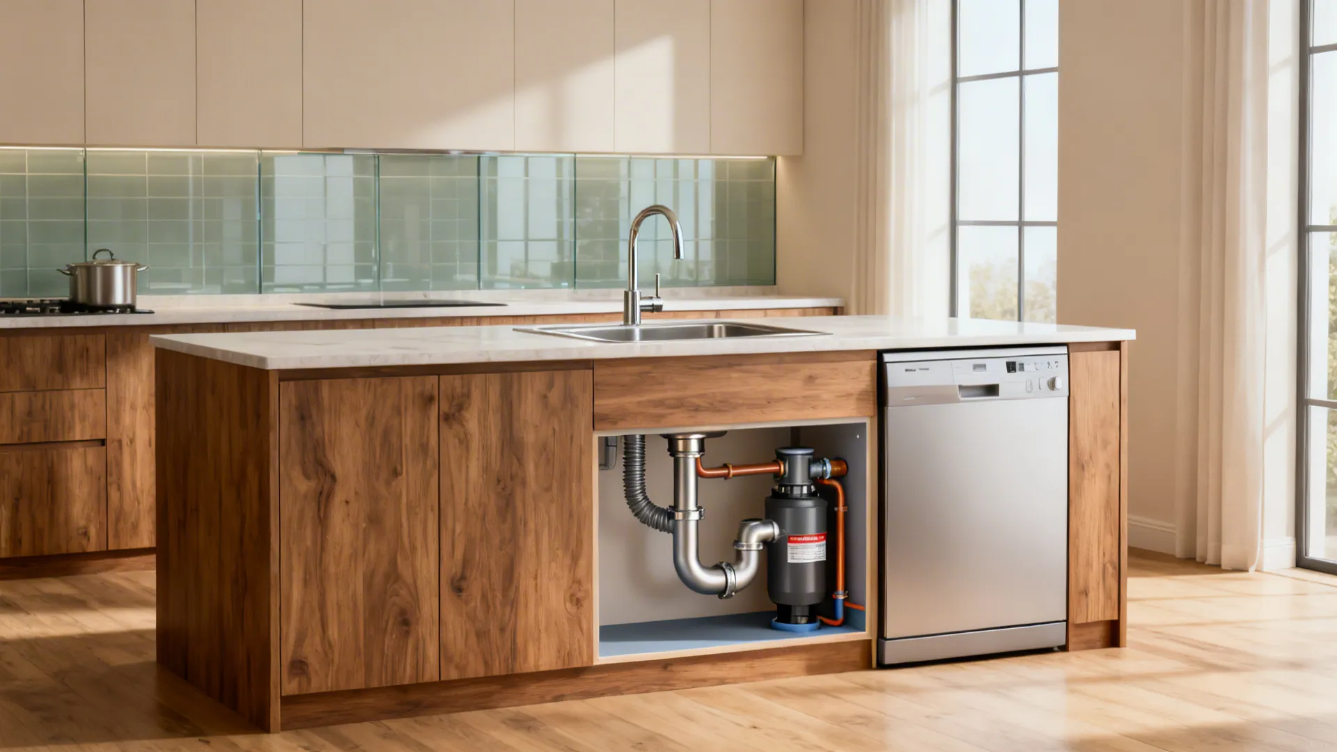 Compact kitchen island with sink, loop vent, quiet disposal, and air gap in a clean modern setting.