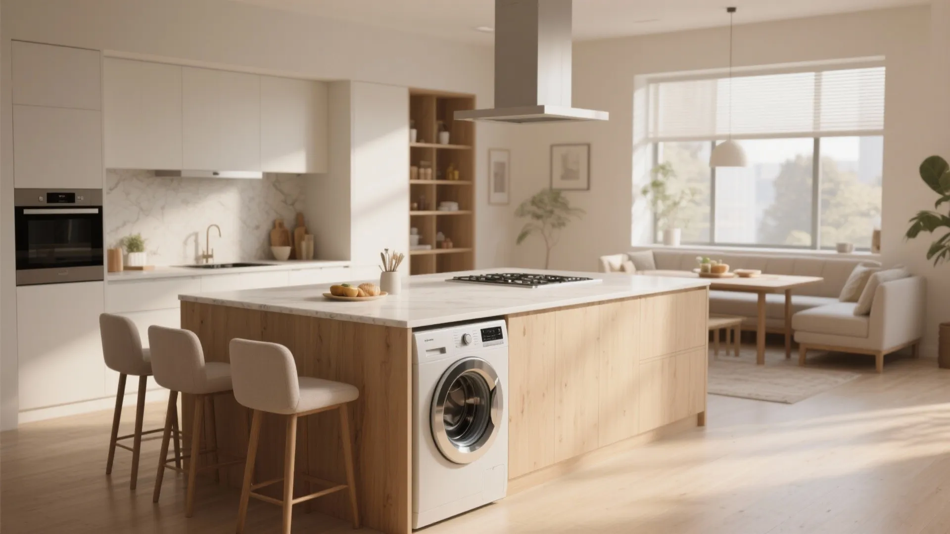 Large wooden kitchen island with a washing machine high chairs and an open living space