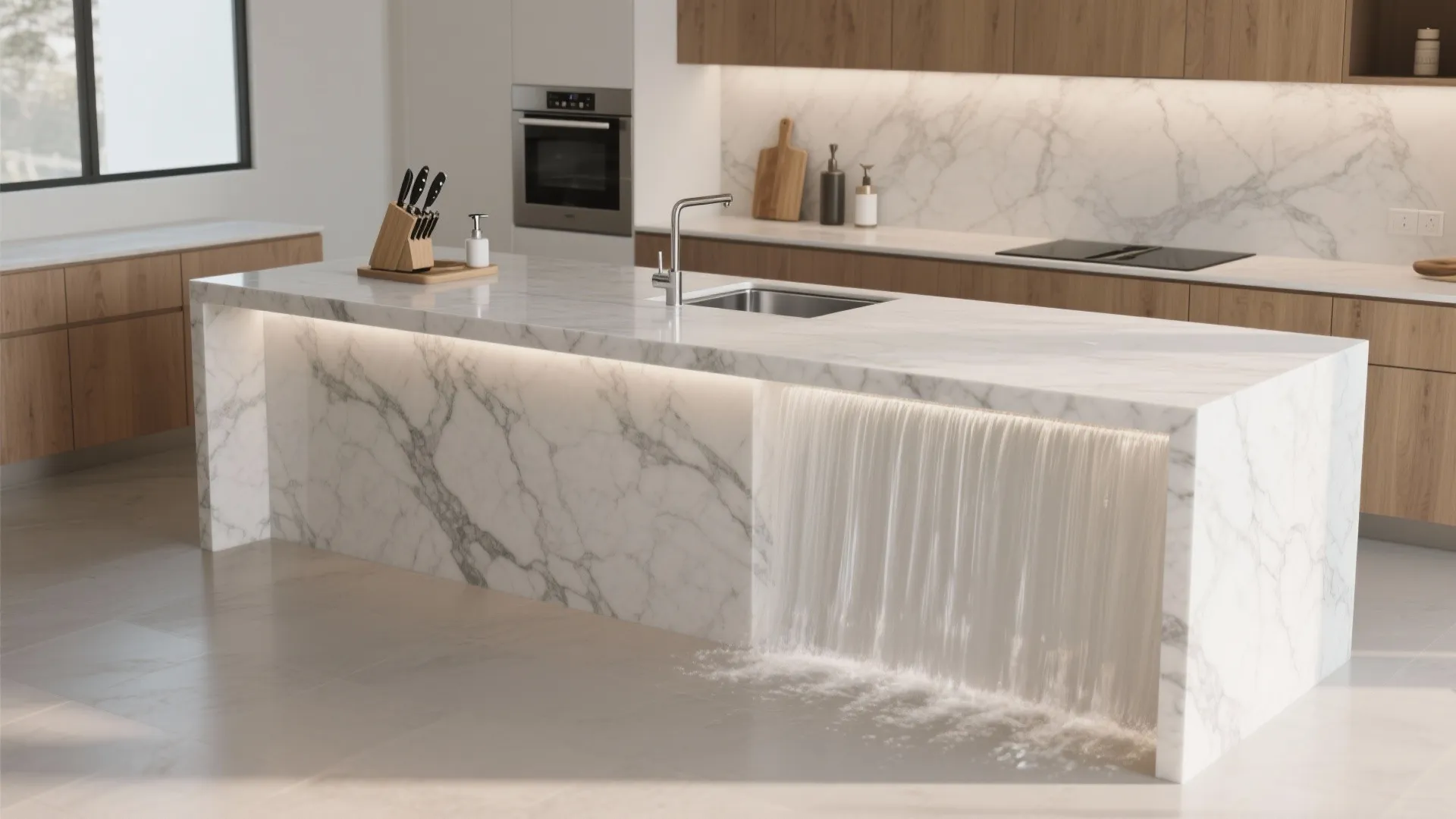 1. Waterfall Quartz for a Seamless, Low-Maintenance Look
