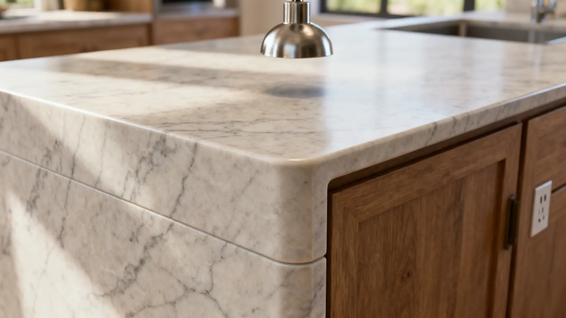 Macro of stone waterfall island edge with rounded corner and pendant reflection.