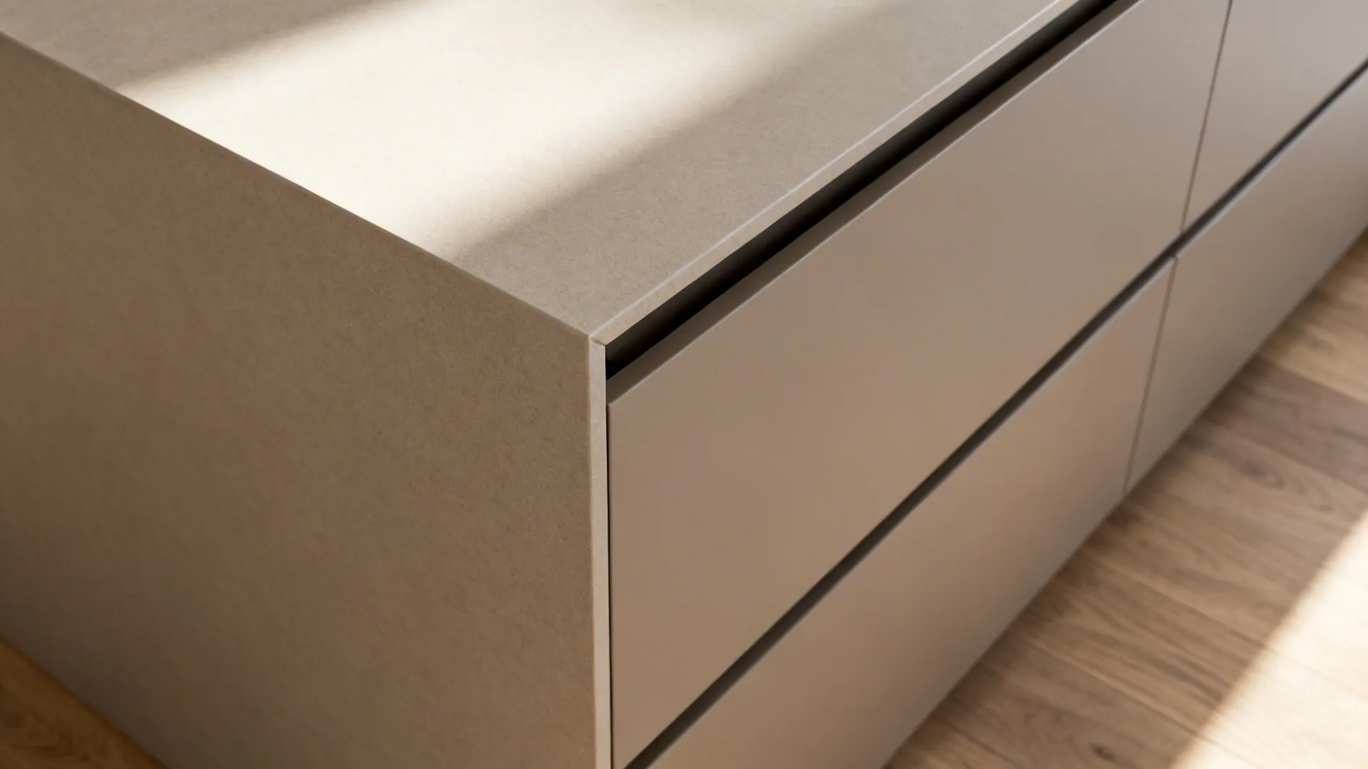 Close-up of a waterfall edge island with matte finish and concealed drawer.