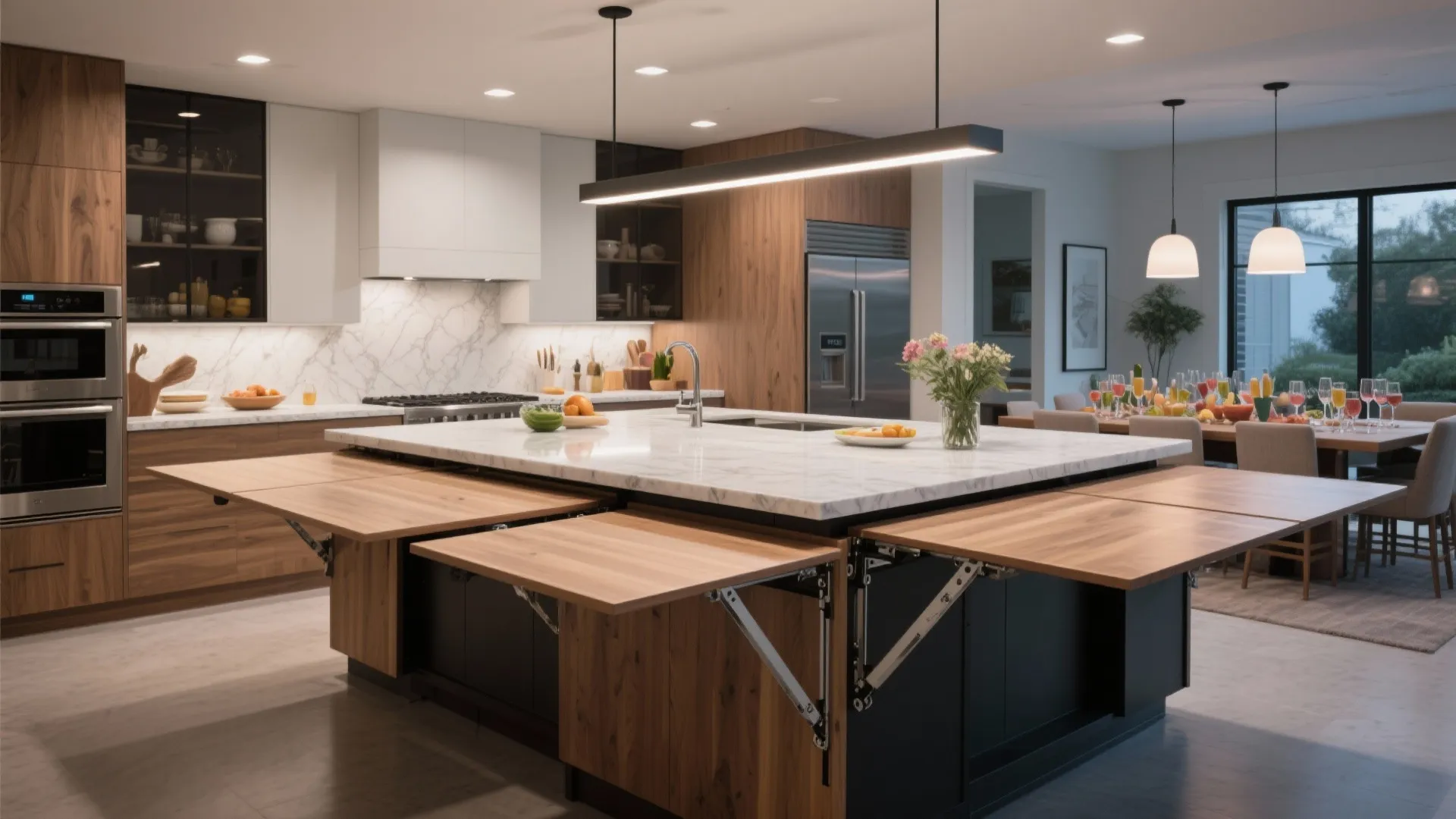 Modern kitchen island with marble top and three wooden folding extension tables for extra dining space