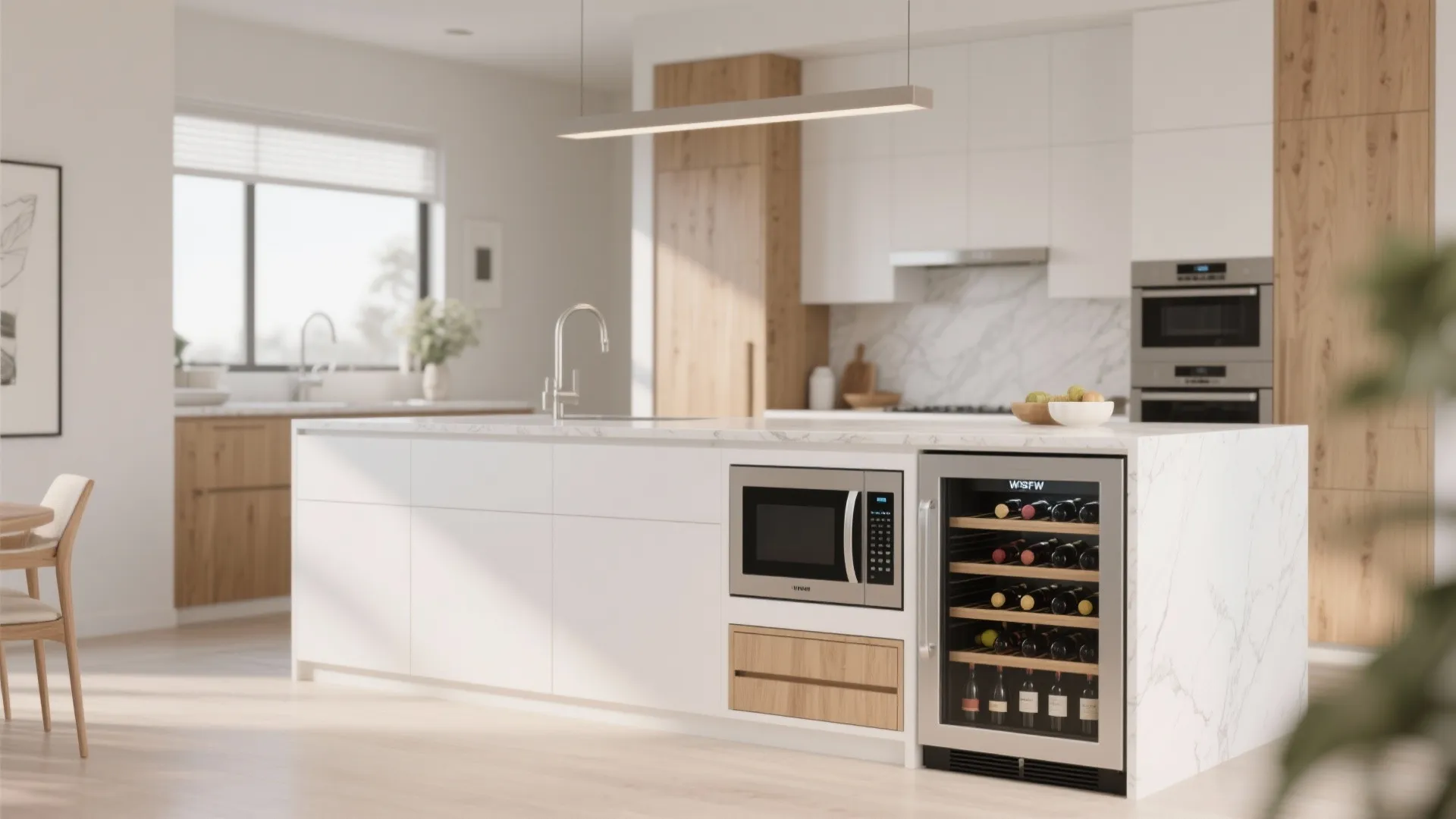 Modern white kitchen island featuring a built-in microwave and a small glass door wine cooler