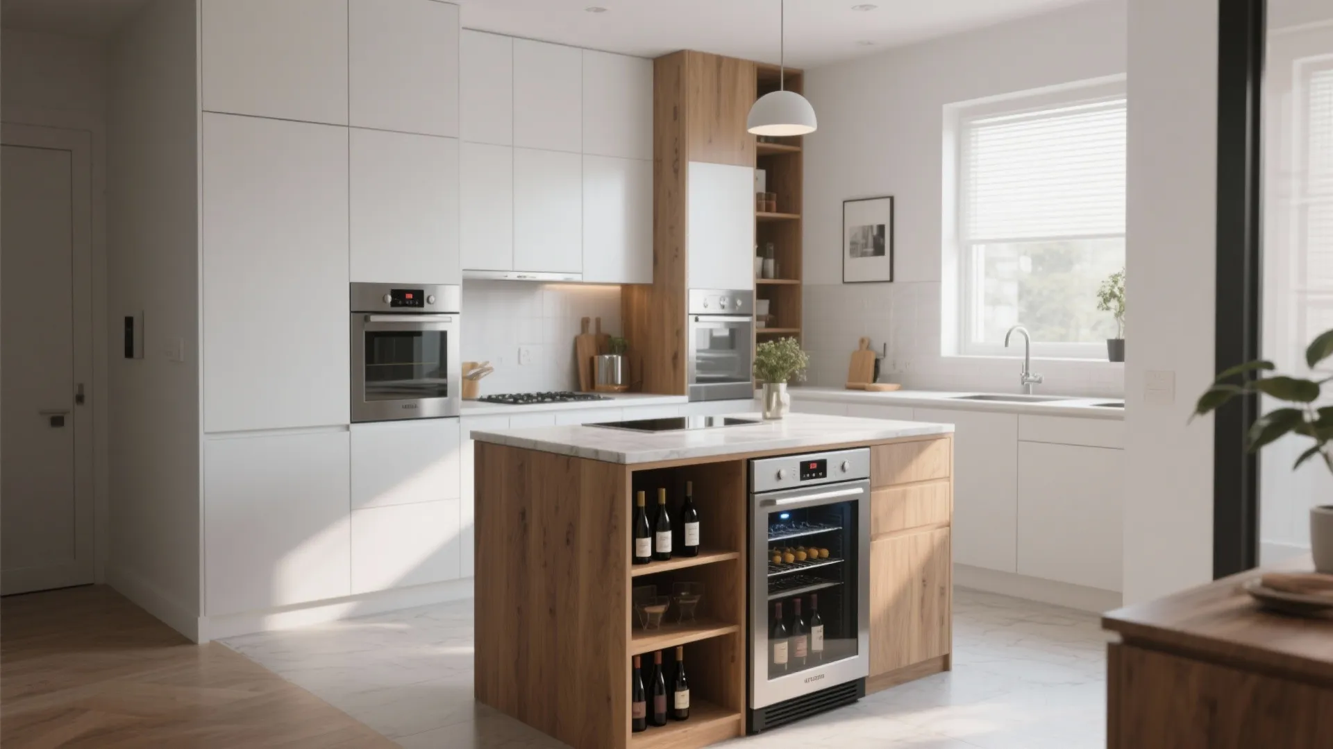 Bright kitchen featuring white cabinets wood island with wine cooler oven and white marble floor