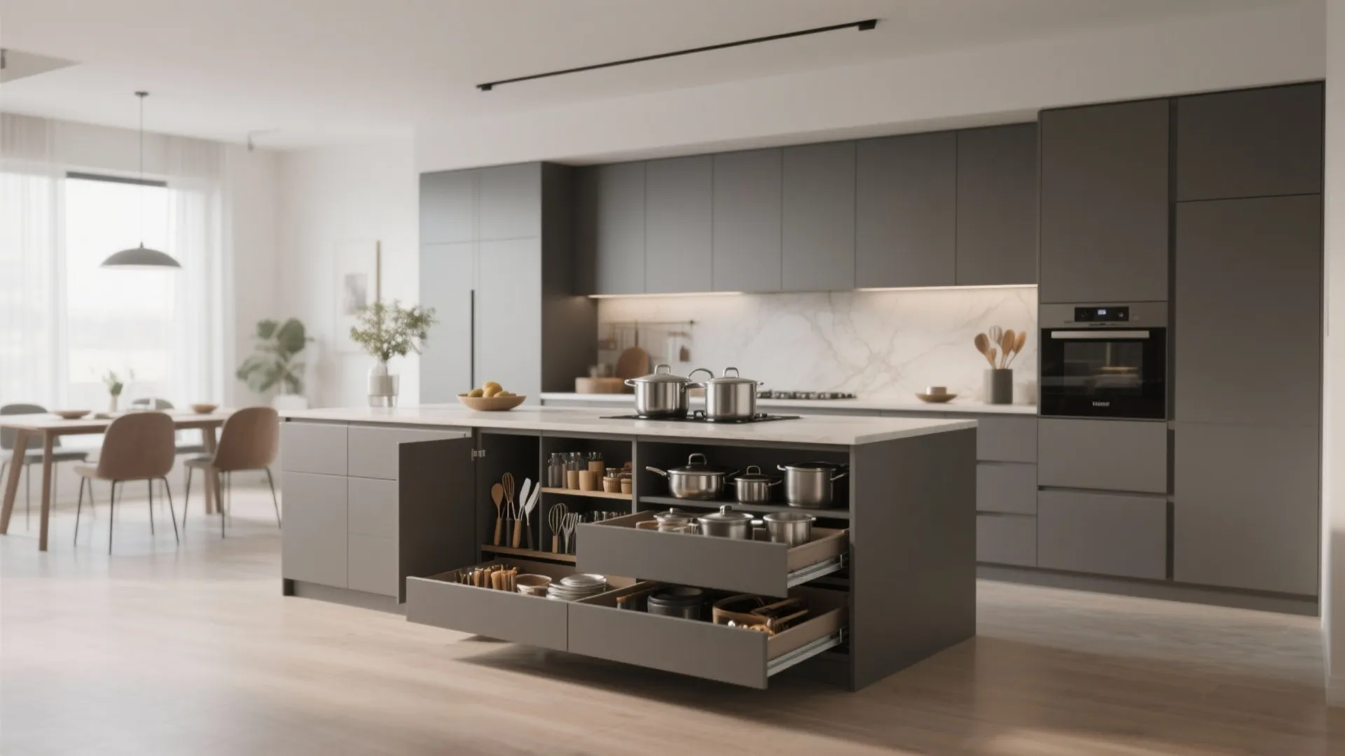 Modern grey kitchen island with open drawers showing organized pots pans and various kitchen utensils
