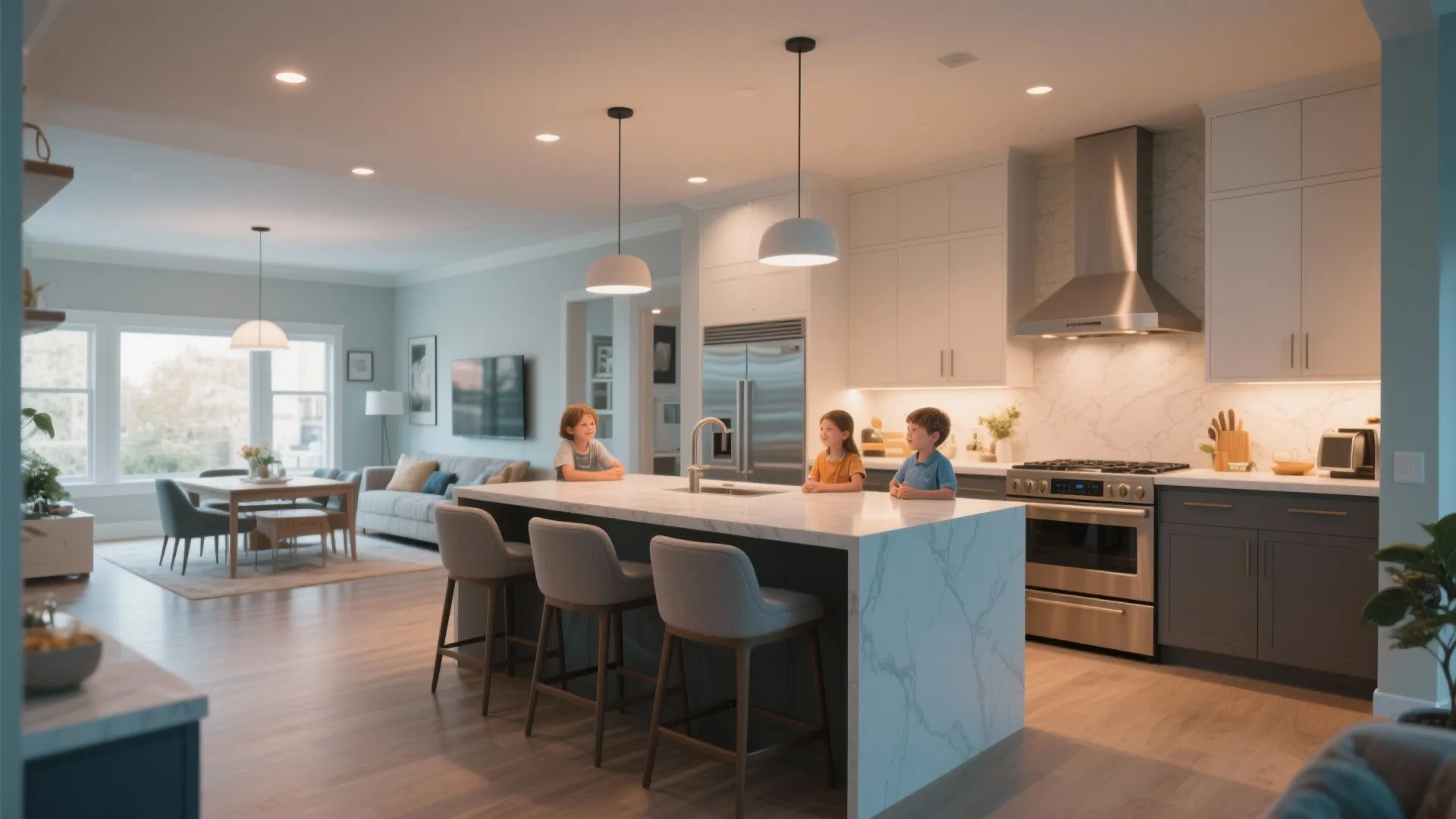Modern kitchen with white marble island seating three people and cozy living room in background