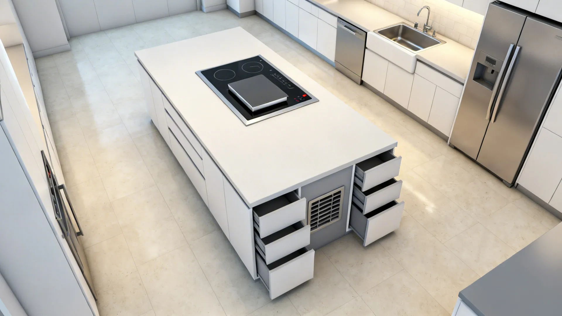 Top-down view of island workflow with induction and clearances in a compact kitchen.