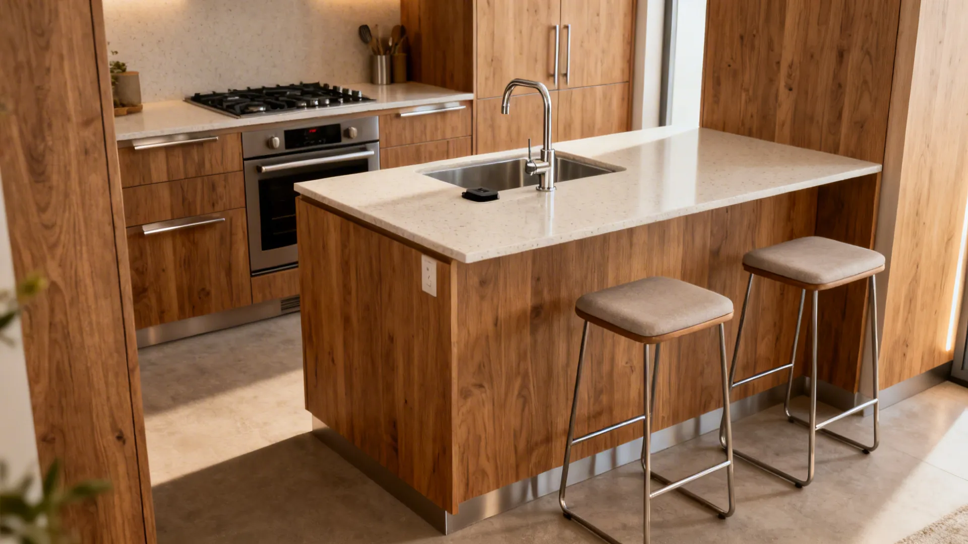 Workhorse island with prep sink, pop-up power, and two stools in a small kitchen.