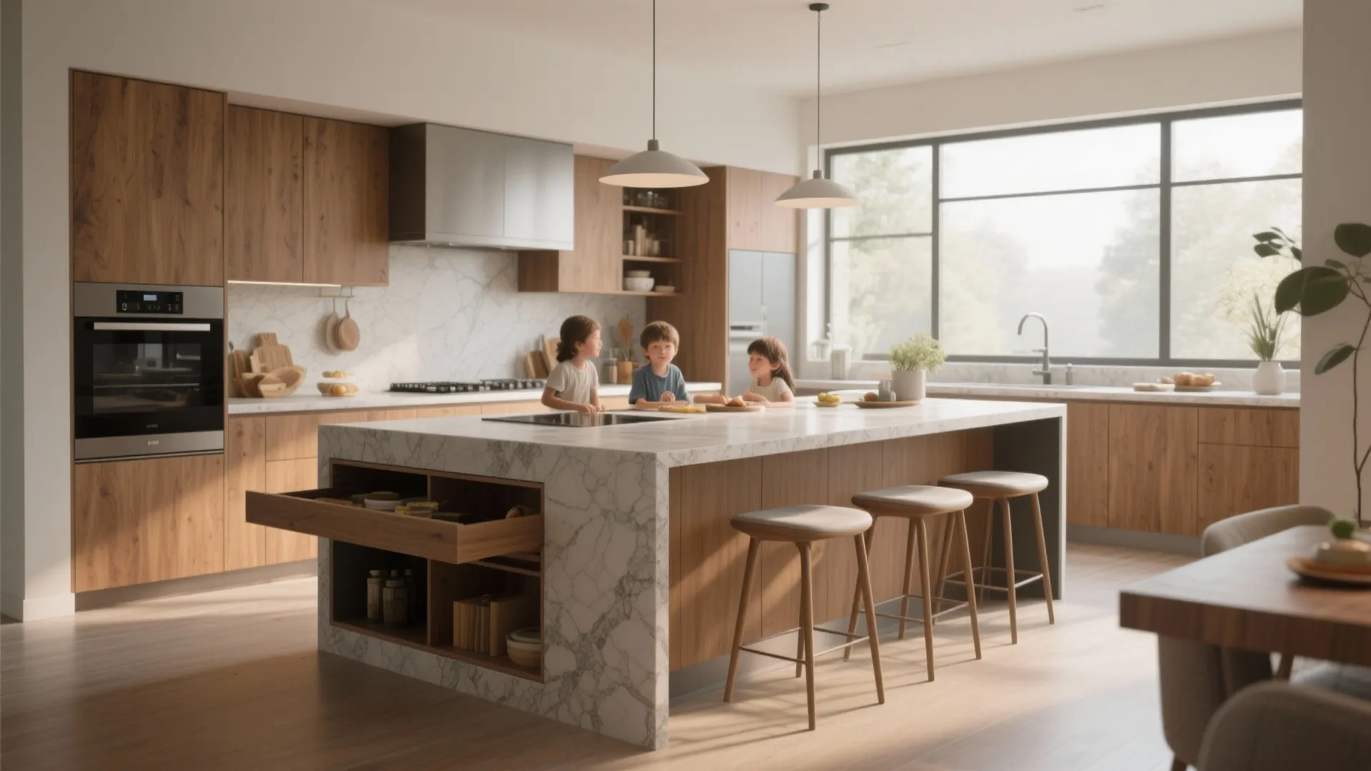 Slim island kitchen with separate prep and seating zones and integrated storage