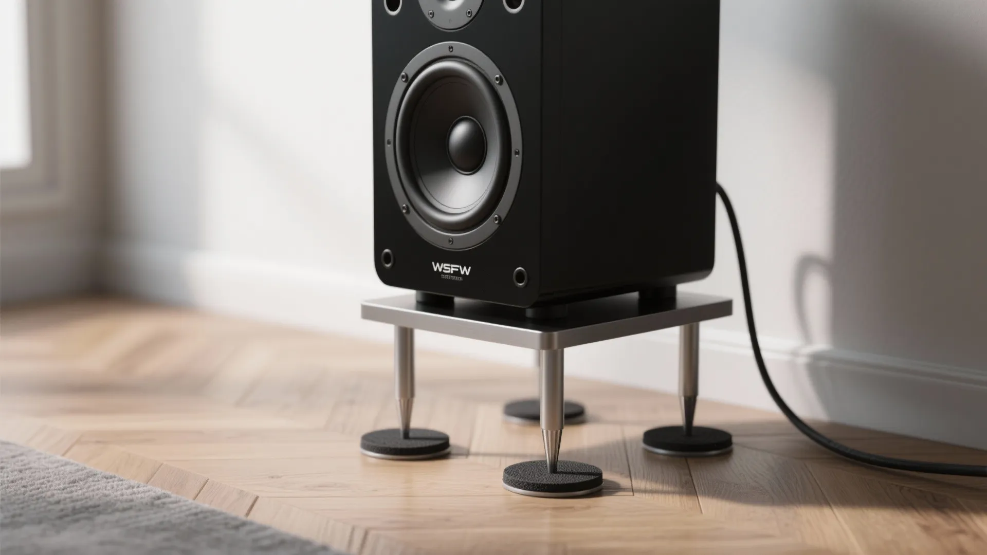 Black speaker resting on a metal stand on wooden floor in a bright living room
