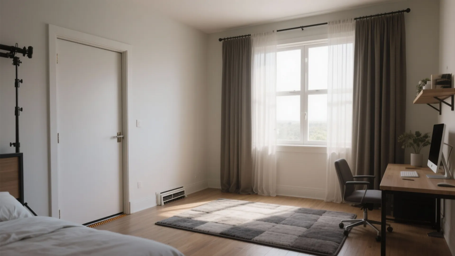 Bedroom studio with door sweep, weatherstripping, layered curtains, and a thick rug for practical isolation.