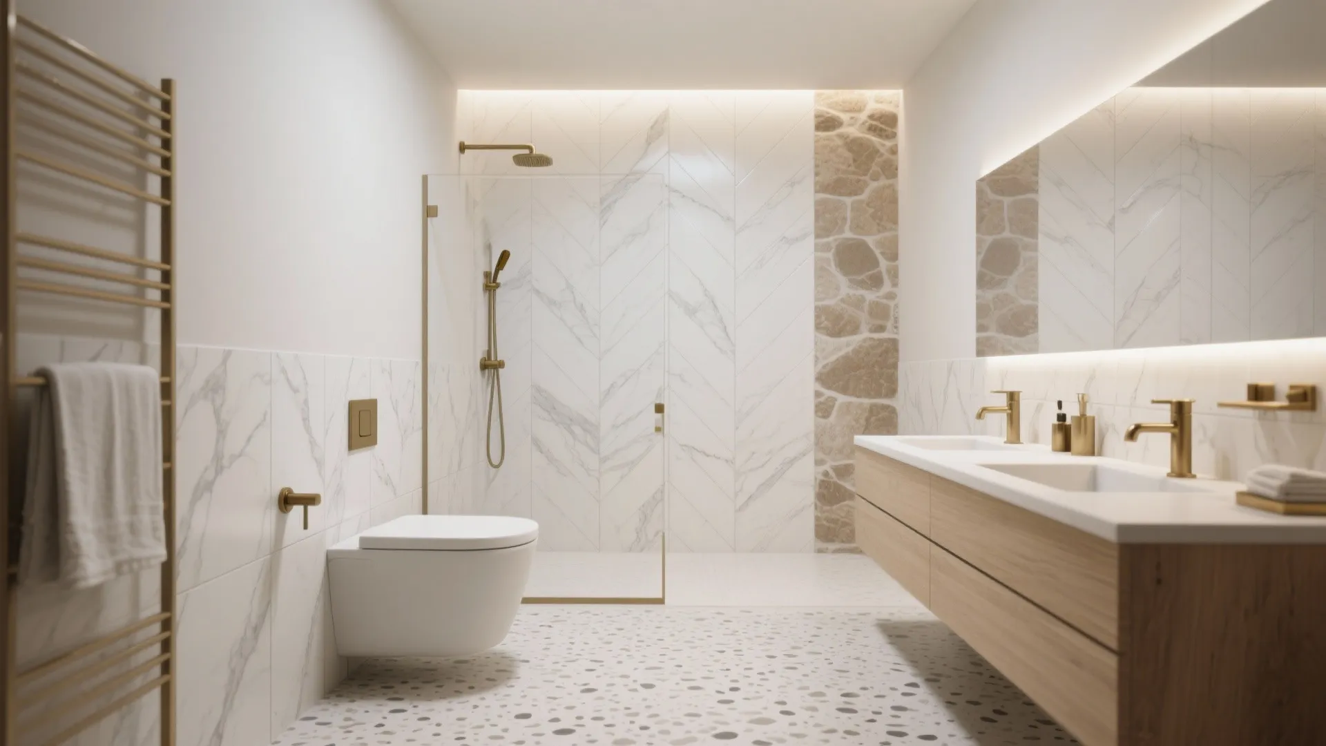 Modern bathroom with marble walls and wooden cabinet featuring a double sink and glass shower