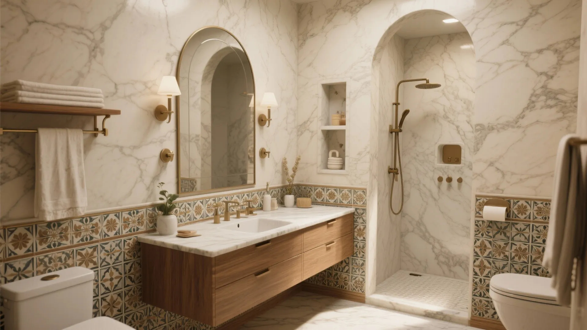 Large bathroom with marble walls patterned tiles wooden cabinet arched shower and gold wall lights