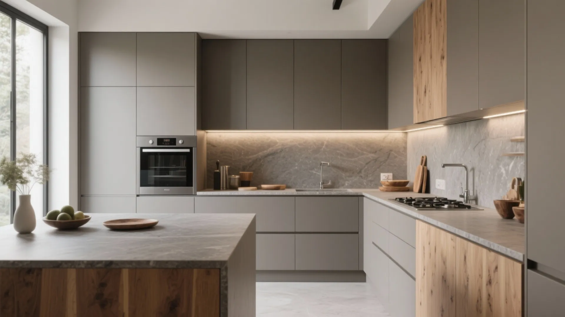 Modern grey kitchen with wood cabinets stone wall island oven and a large bright window
