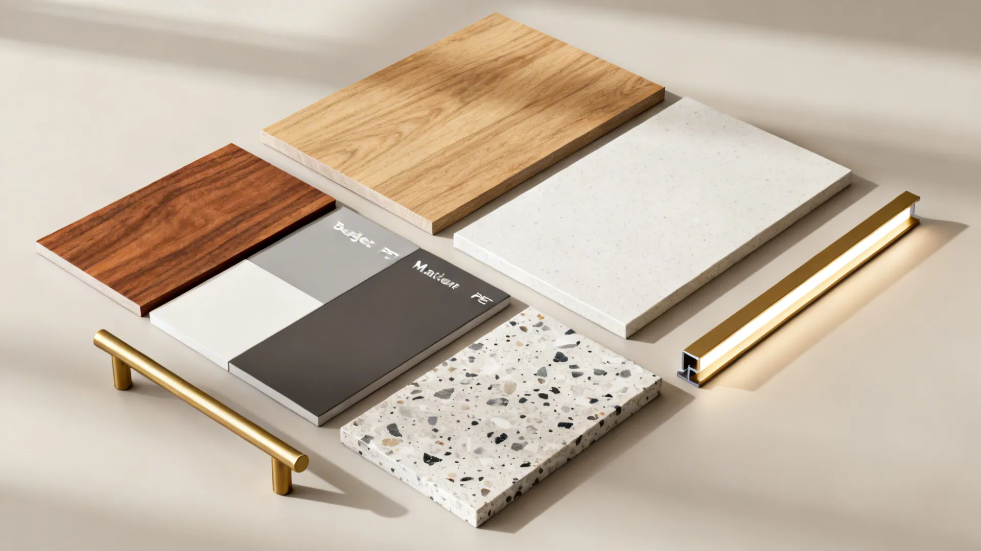 Flat lay of warm wood veneers, matte fronts, terrazzo-look quartz, porcelain, brass hardware, and LED samples.