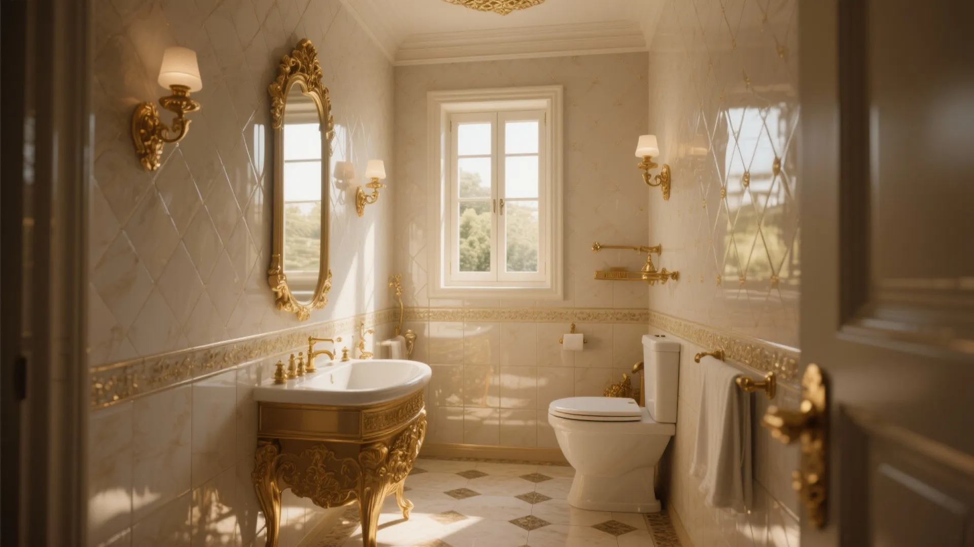 Luxurious bathroom with golden sink cabinet white toilet wall light small window and tiled walls