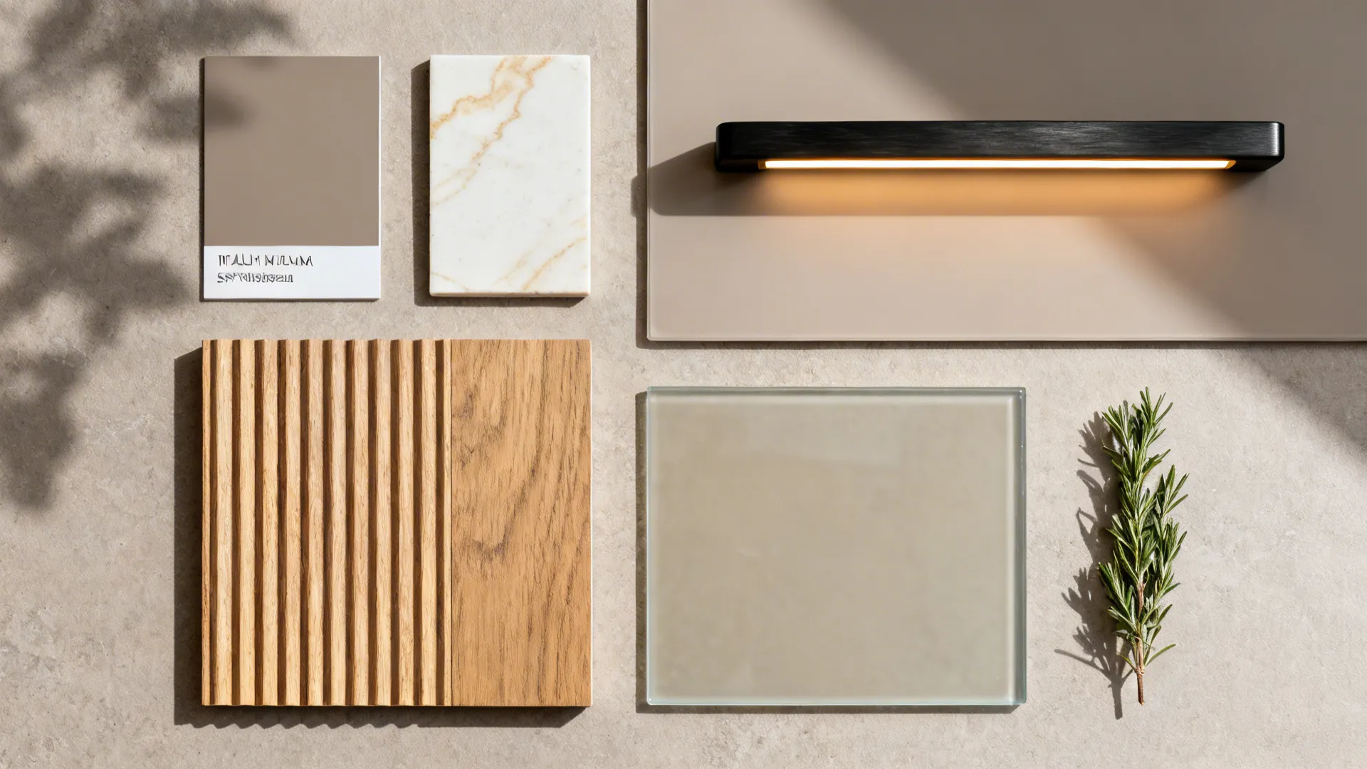 Flat lay of taupe lacquer, fluted oak, porcelain veined slab, greige glass, black pull, and warm LED strip.