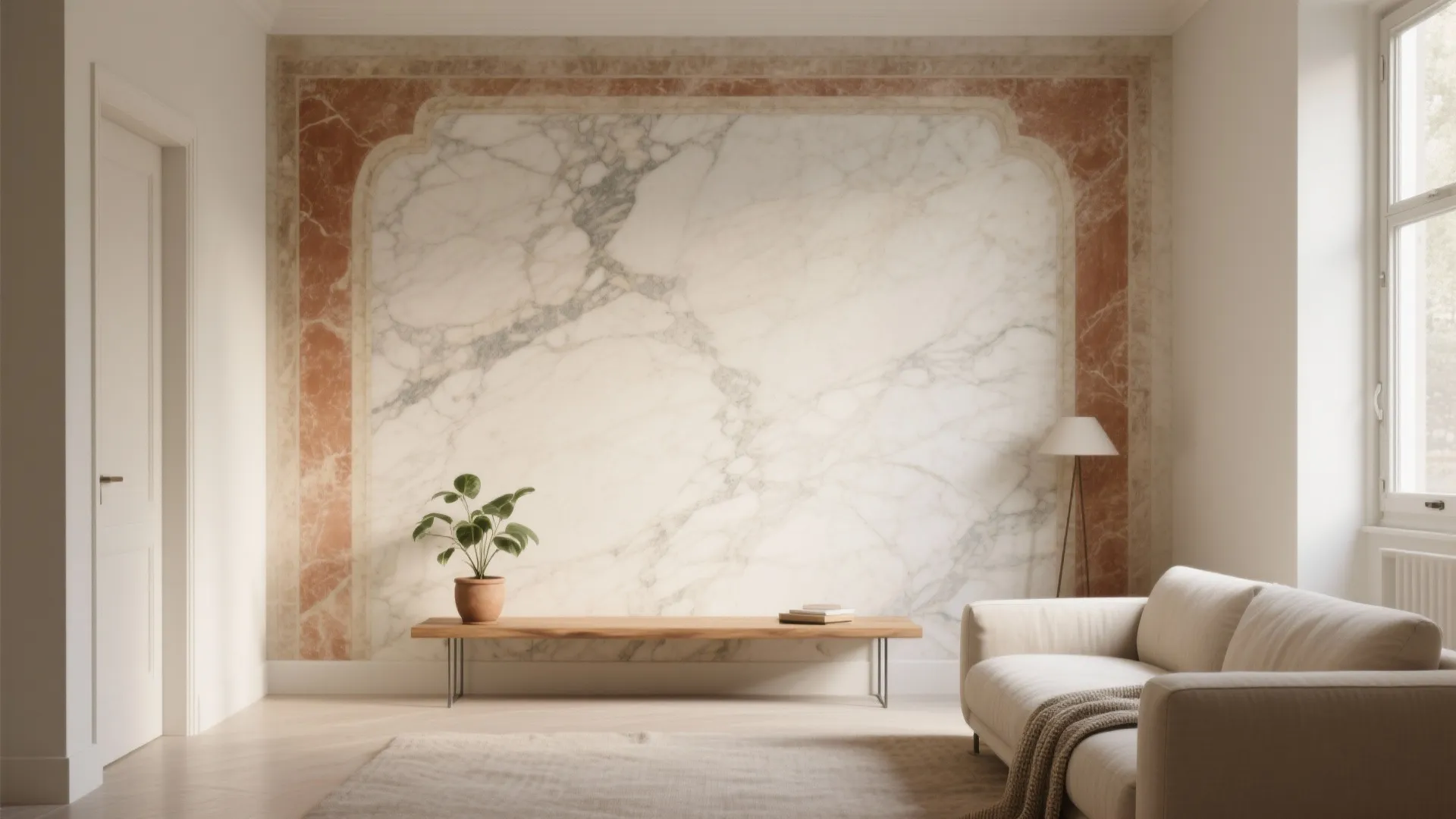 Minimalist living room with marble wall panel, wooden bench, potted plant, white sofa, and light