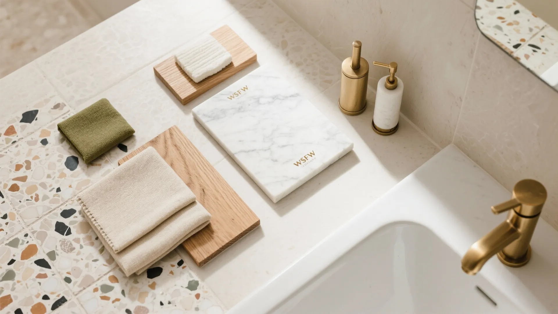 Flat lay of Italian bathroom palette—marble, terrazzo, oak, brass, and neutral swatches.